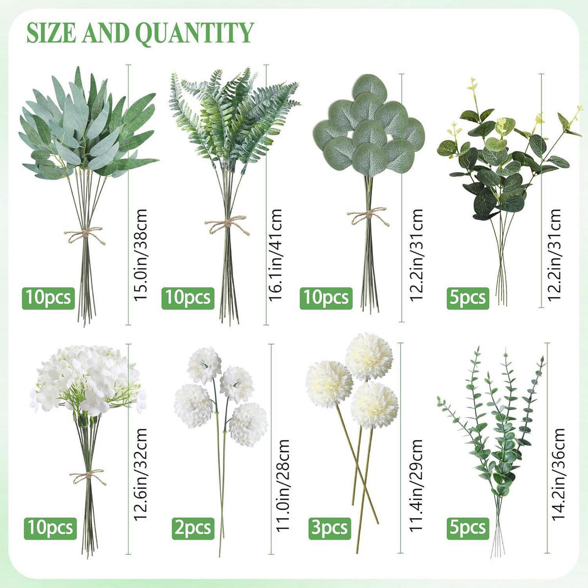 KÜNSTLICHE Blumen & Zweige 55 Stück Set Weiß und Grün - Multicolor, Kunststoff (40cm)