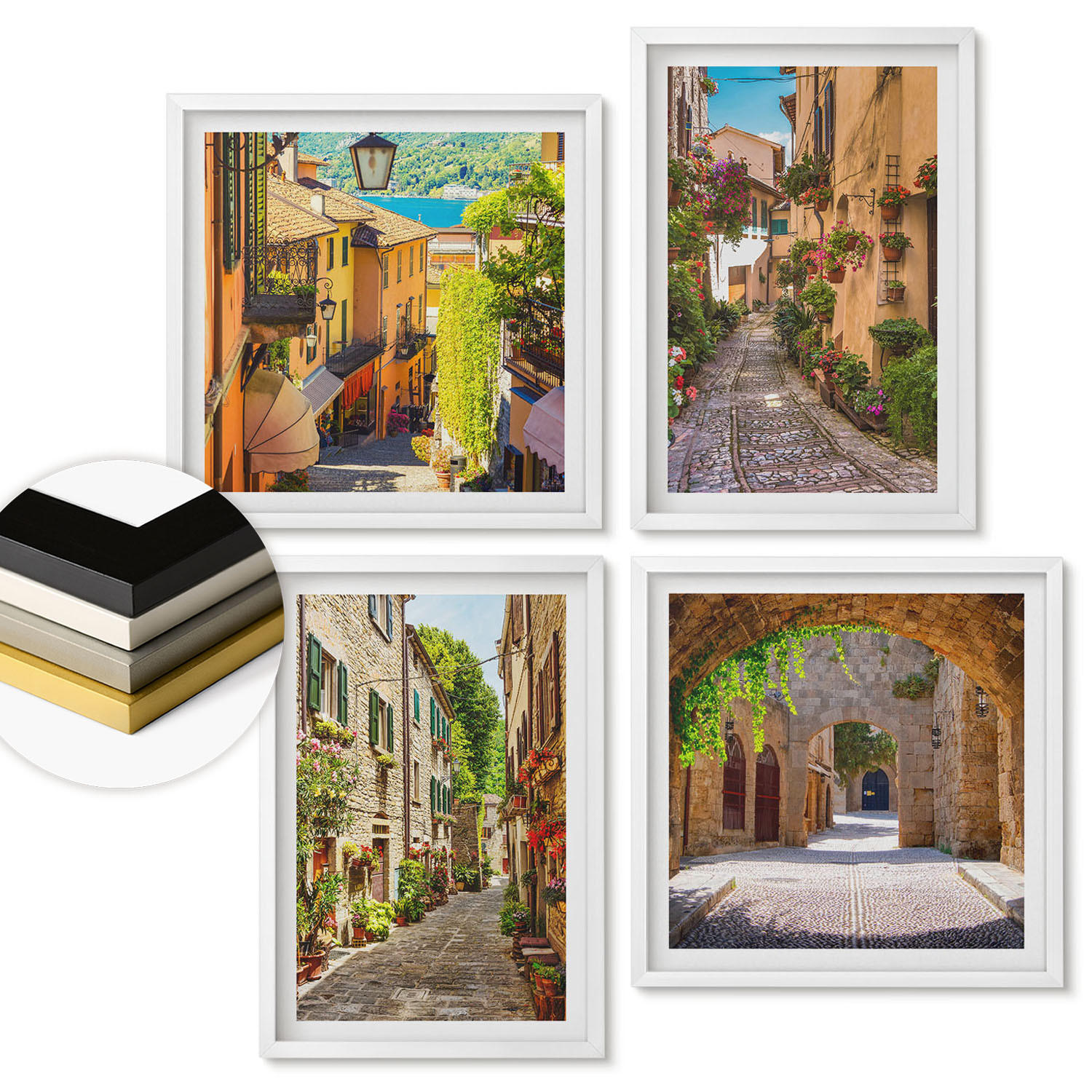 WANDBILDER 4er-Set - 50x50 cm & 40x60 cm Weißer Rahmen - Italienische Straßen, Blumen, Architektur - Weiß, Kunststoff (50/50cm) - ArtPrintCave