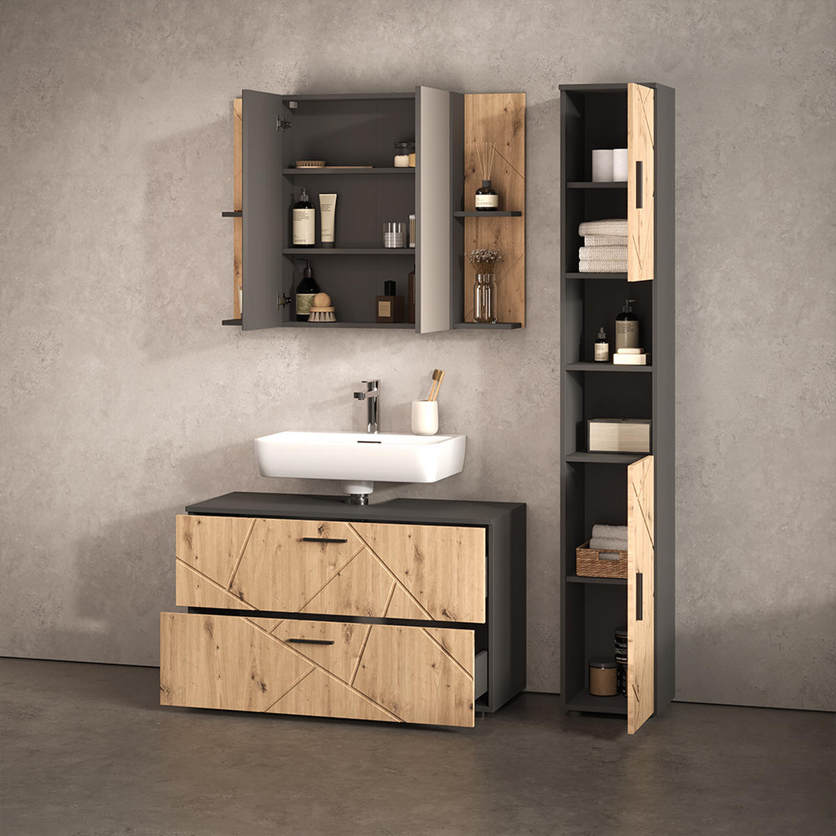 BADMÖBEL-SET Ronco, Anthrazit/Artisan-Eiche, 3-teilig - Anthrazit/Eiche Artisan, Holzwerkstoff (100.1/60.6/41cm) - Livinity®