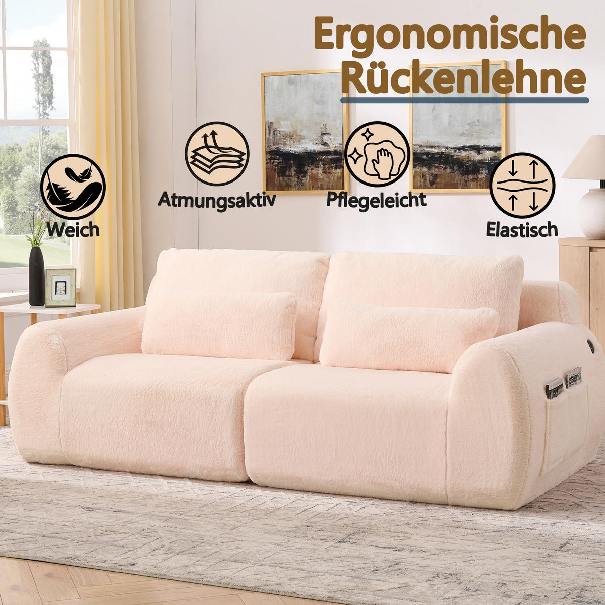 2-SITZER SOFA Kaninchenstil-Kunstfell Pink mit USB und Magazintasche - Rosa, Textil (208/81/101cm) - WISHDOR