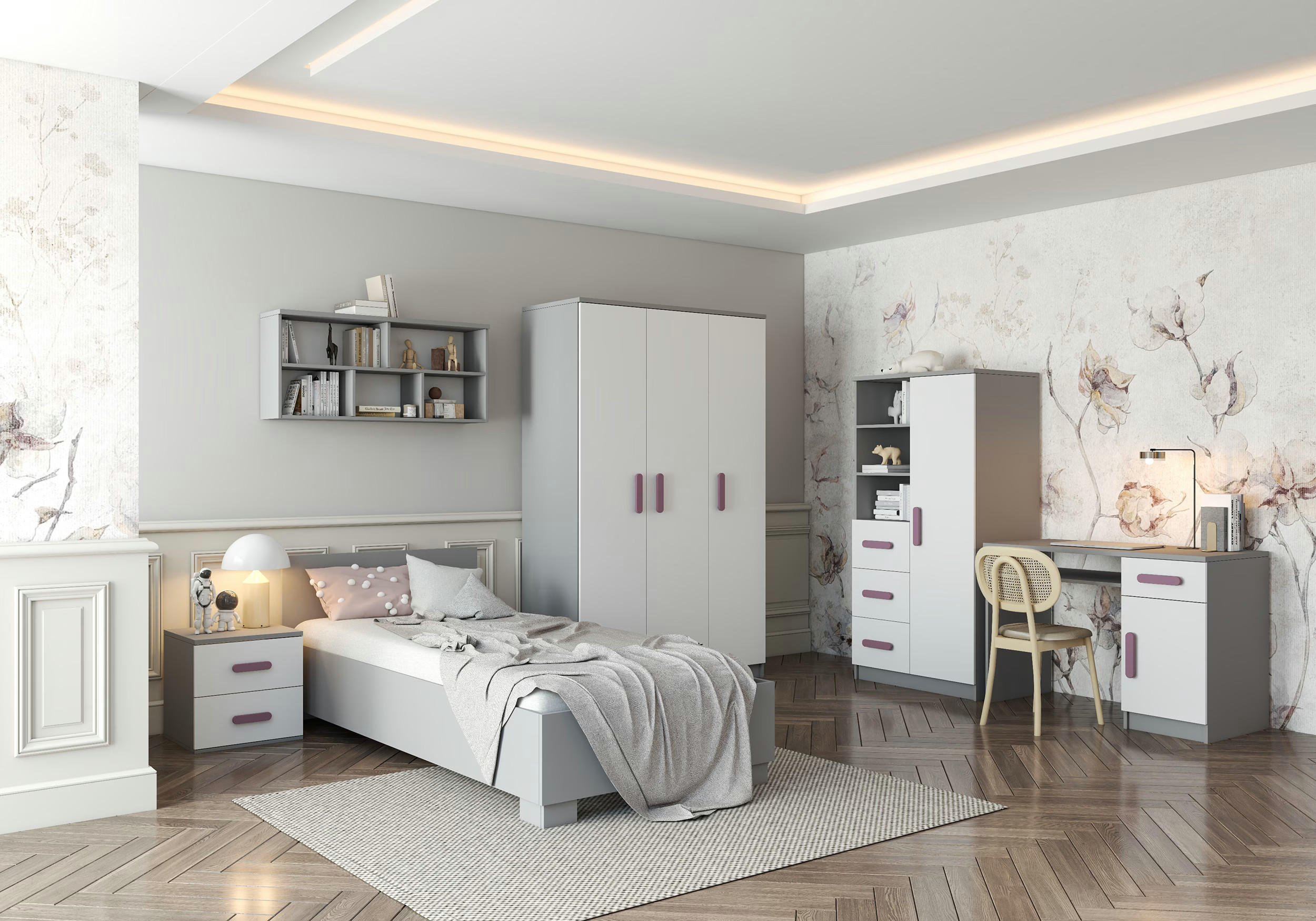 JUGENDZIMMER Elora in Grau und Weiß – 6-teiliges Set – Grifffarbe Erika - Grau, Holzwerkstoff (80/200/120cm)