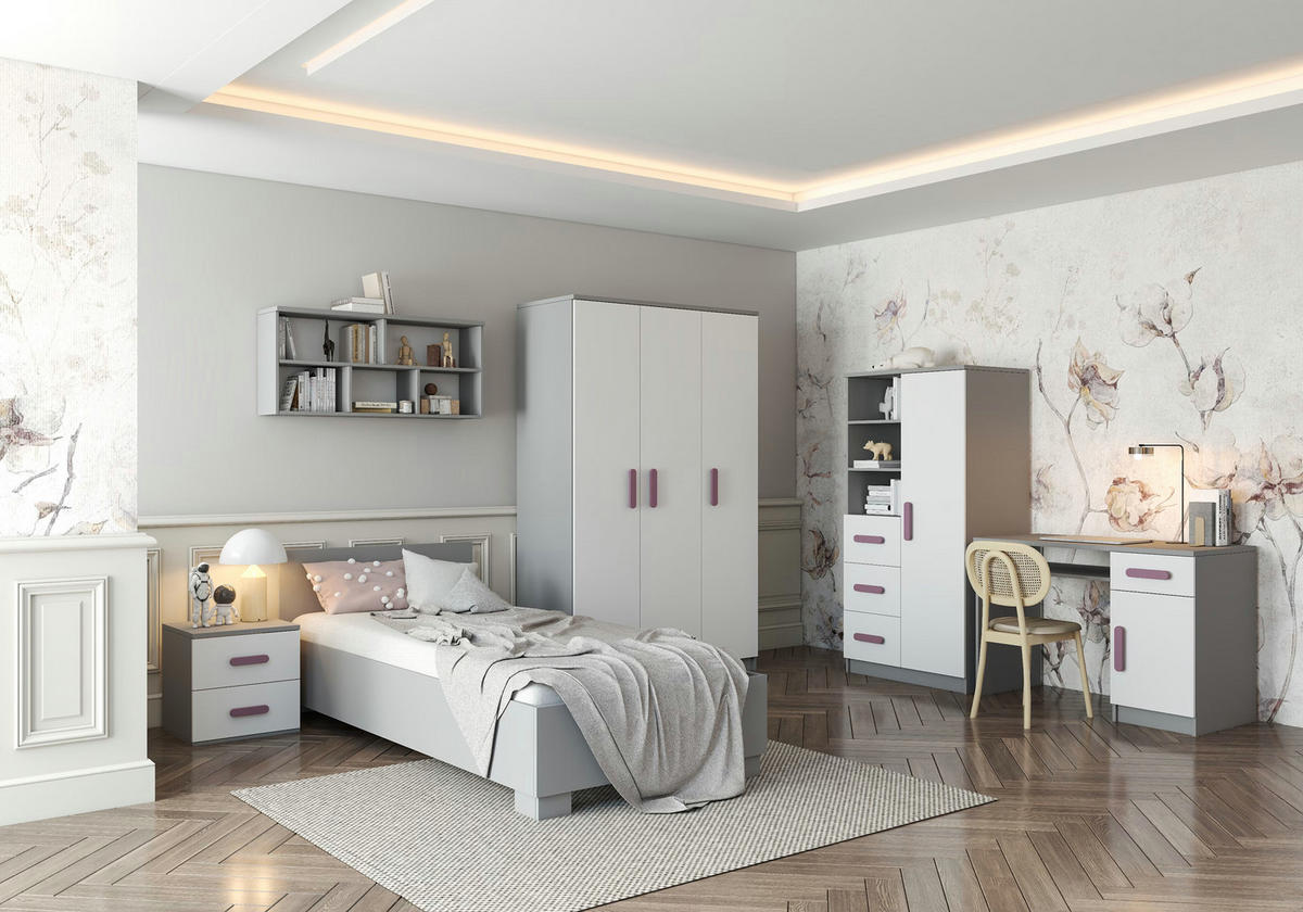 JUGENDZIMMER Elora in Grau und Weiß – 6-teiliges Set – Grifffarbe Erika - Grau, Holzwerkstoff (80/200/120cm)