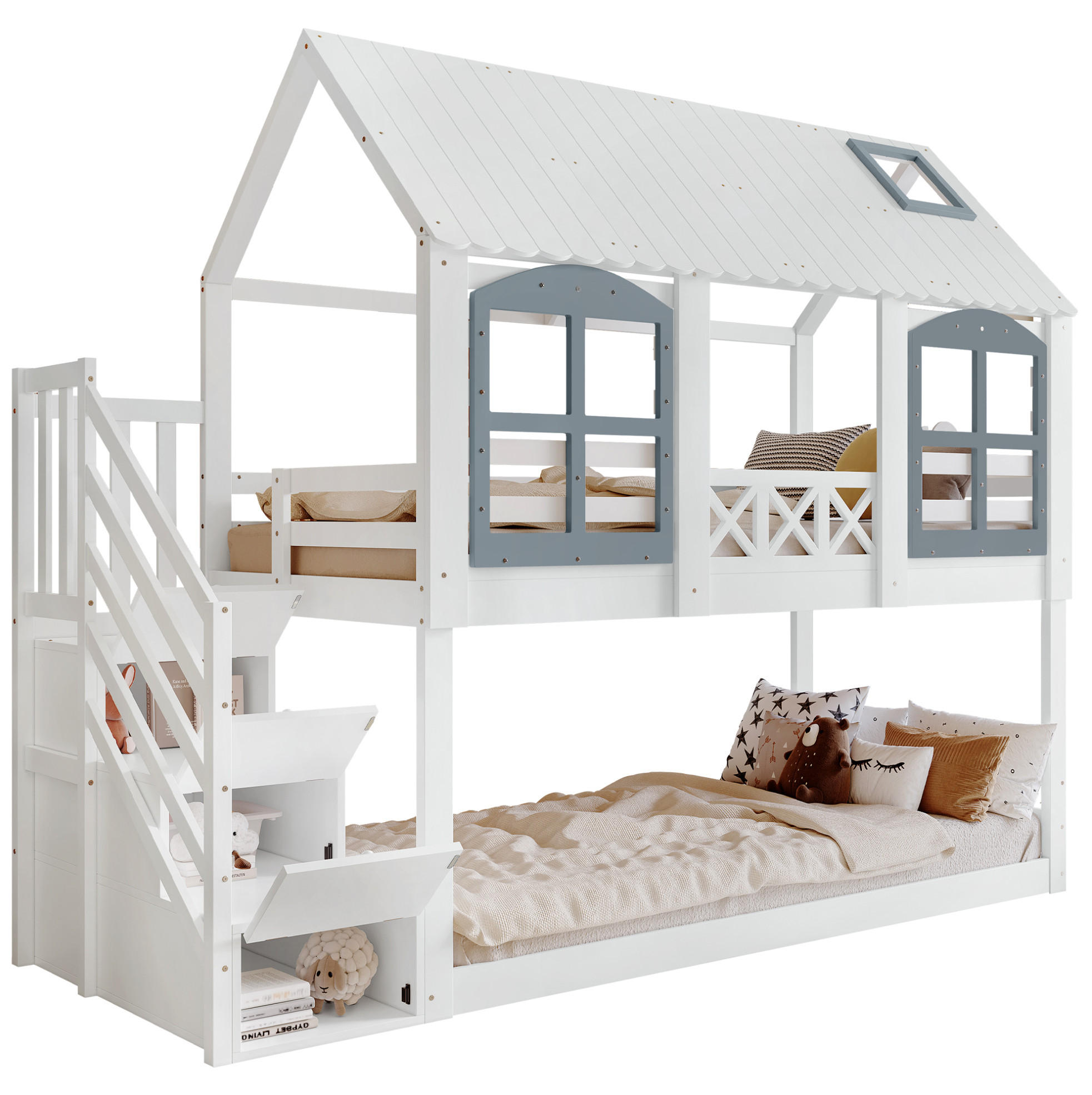 ETAGENBETT 90/200 cm weiß/grau aus Kiefer/MDF mit Treppe - Weiß, Holzwerkstoff (90/200cm) - OKWISH