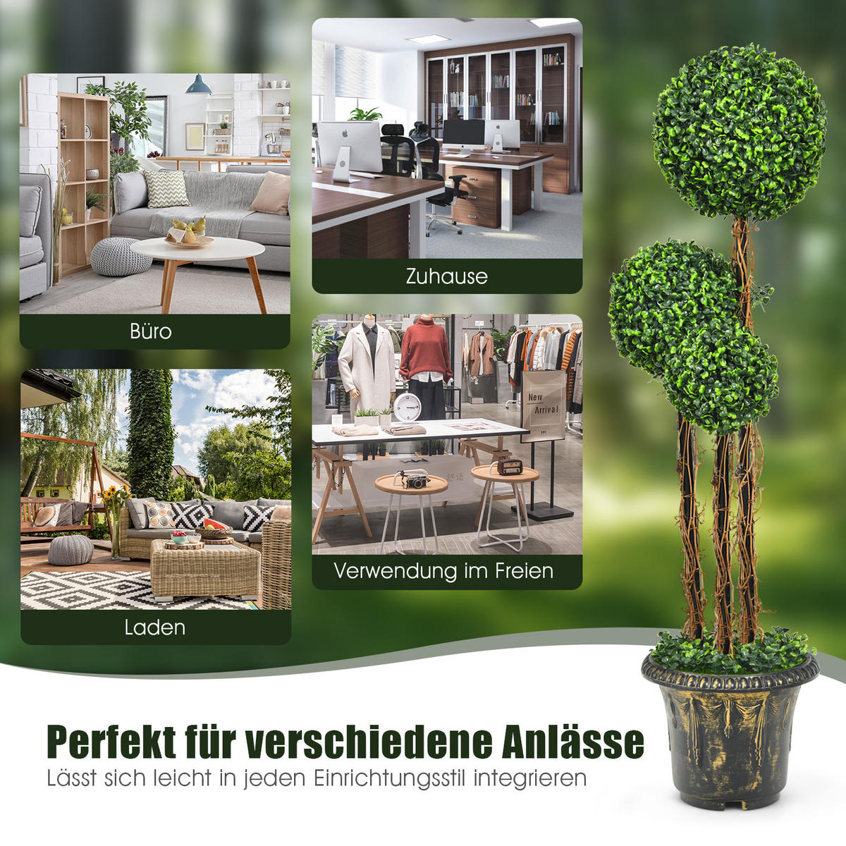 KUNSTBAUM mit Topf und 3 Kugeln Grün - Grün, Kunststoff (120cm) - COSTWAY