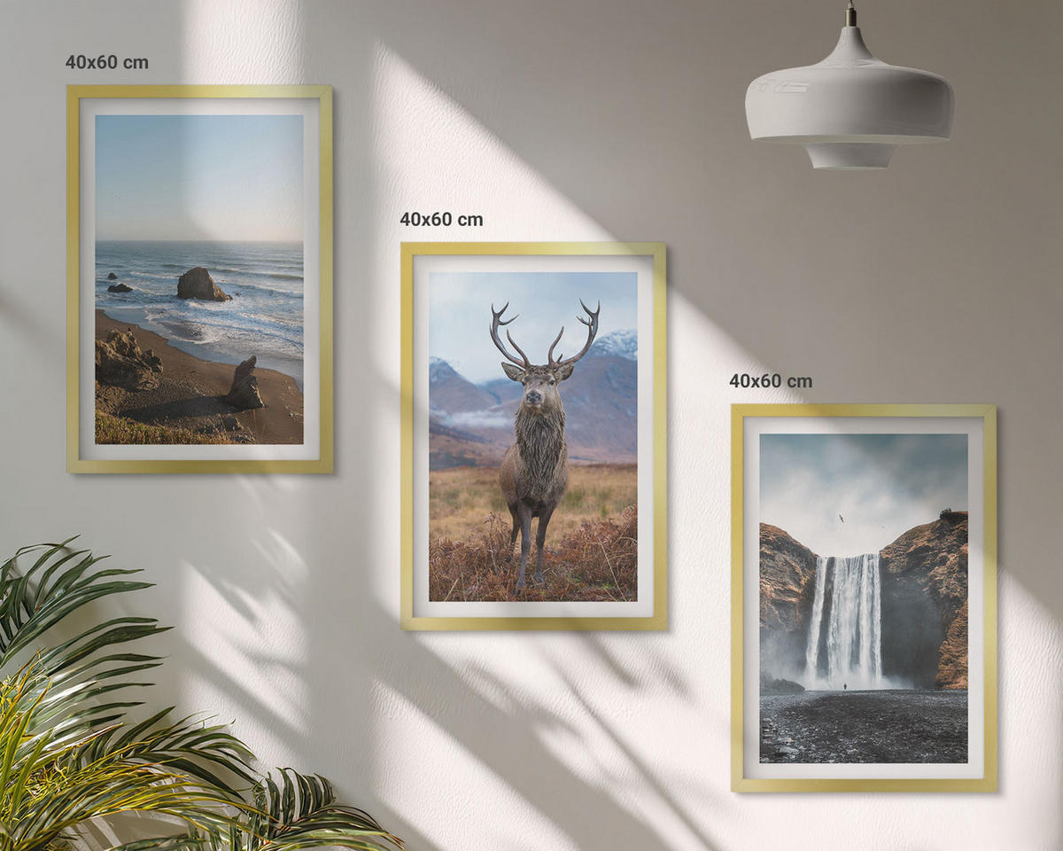 BILDER SET 3er Set - 40x60 cm Goldrahmen - Berglandschaften mit einem Wasserfall - Goldfarben, Kunststoff (40/60cm) - TULUP