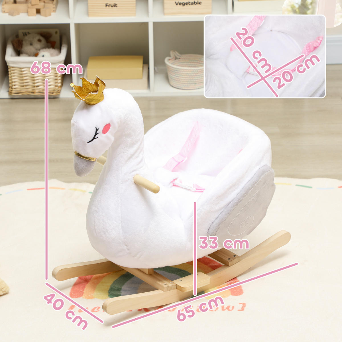 SCHAUKELTIER, Schwan-Schaukel mit Schlaflied weicher Füllung Holzrahmen Plüsch - Weiß, Textil (40/68/65cm) - AIYAPLAY