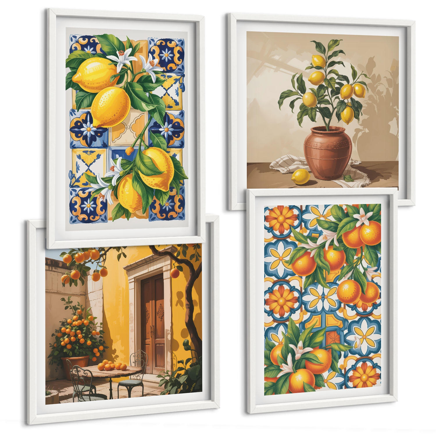 BILDER SET 4er Set - 50x50 cm & 40x60 cm Weißer Rahmen - Zitronenorange Blütenmuster - Weiß, Kunststoff (50/50cm) - TULUP