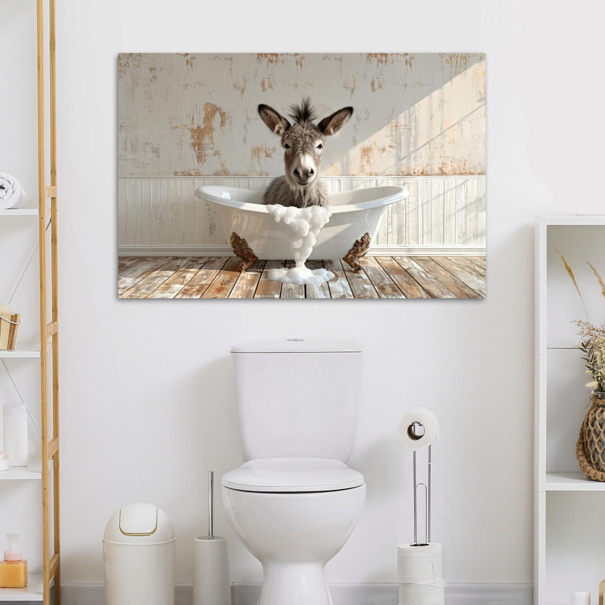 LEINWANDBILD Esel - Tiere - Badewanne - Schaumstoff Wohnzimmer 120x80 cm - Weiß, Textil (120/80cm) - MuchoWow