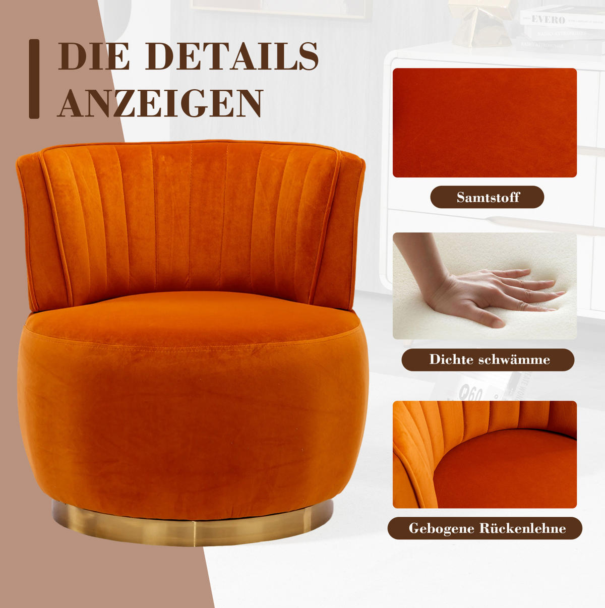 STUHL, Samt, 360° drehbar, 62,5/62/69,5 cm, Orange - Orange, Textil (62/69.5/62.5cm) - Redom