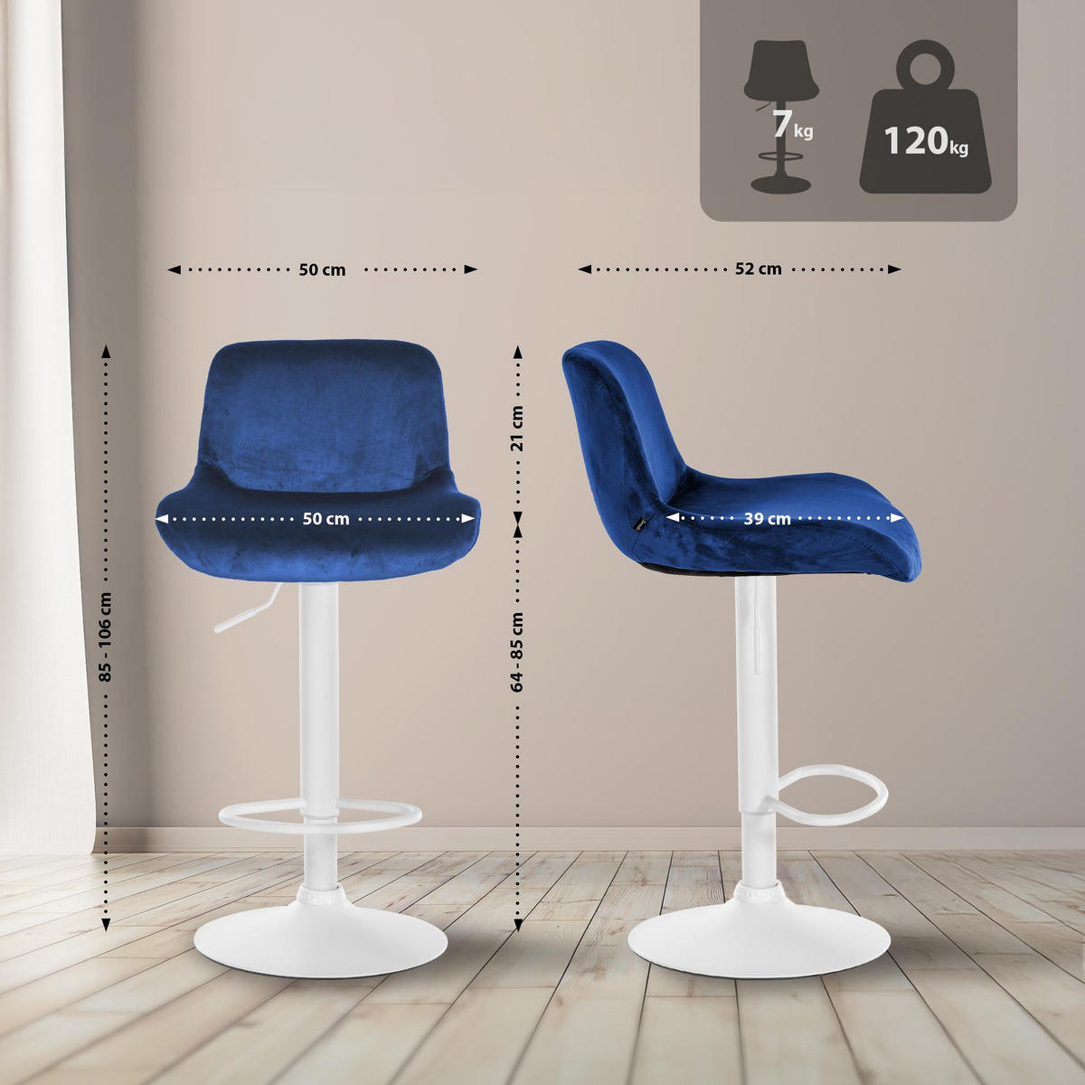 BARHOCKER Samt blau - Blau/Weiß, Textil/Metall (50/85/50cm) - CLP