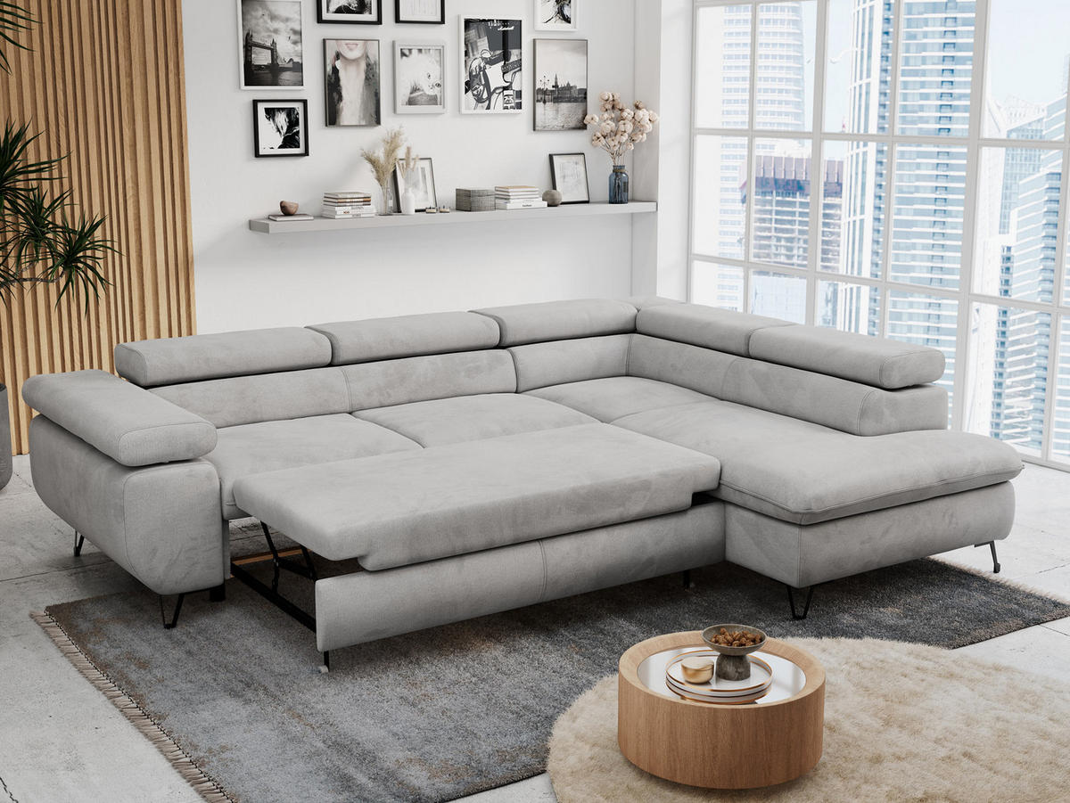 ECKSOFA PETER L Hellgrau Velvet - Rechts Seite - Hellgrau/Schwarz, Textil/Metall (273/208cm) - MKS