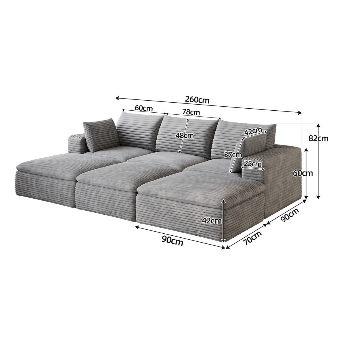3-SITZER aus Stoff 260 cm Grau modular mit Schaumstoffkern und flexibel kombinierbaren Elementen - Grau, Textil (260/60/160cm) - Modfu