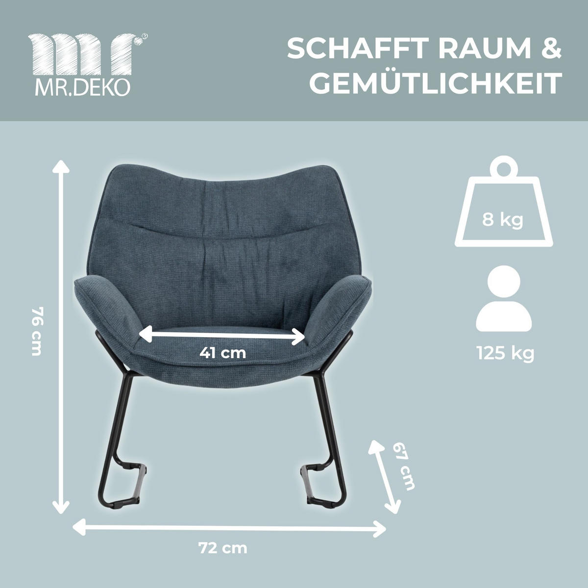 SESSEL Aliano blau - Blau/Schwarz, Textil/Metall (73/76/67cm) - Mr. Deko
