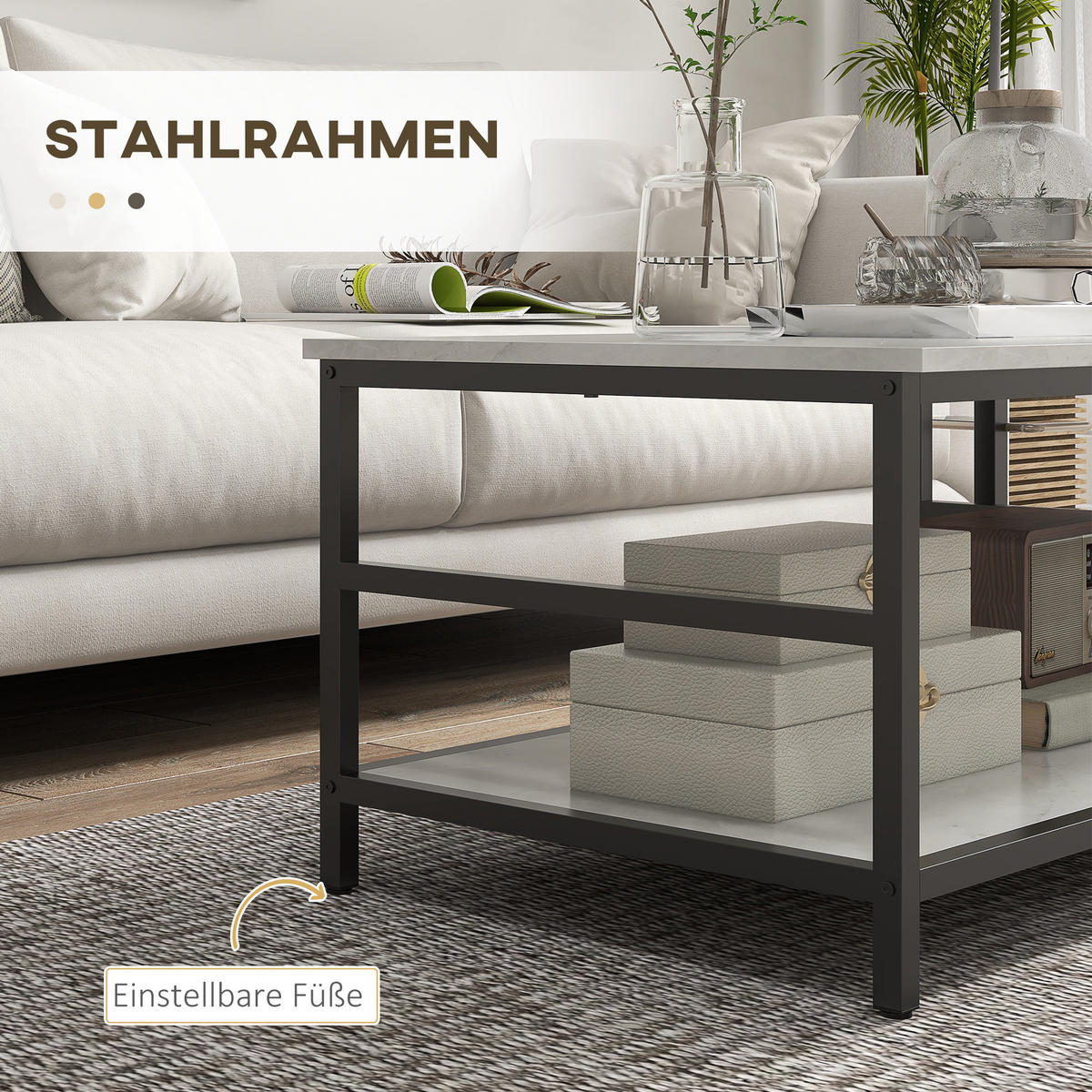 COUCHTISCH 2er-Set Beistelltisch, Kaffeetisch Satztisch mit Marmoroptik Stahl - Multicolor/Schwarz, Holzwerkstoff/Metall (80/54/41cm) - HOMCOM