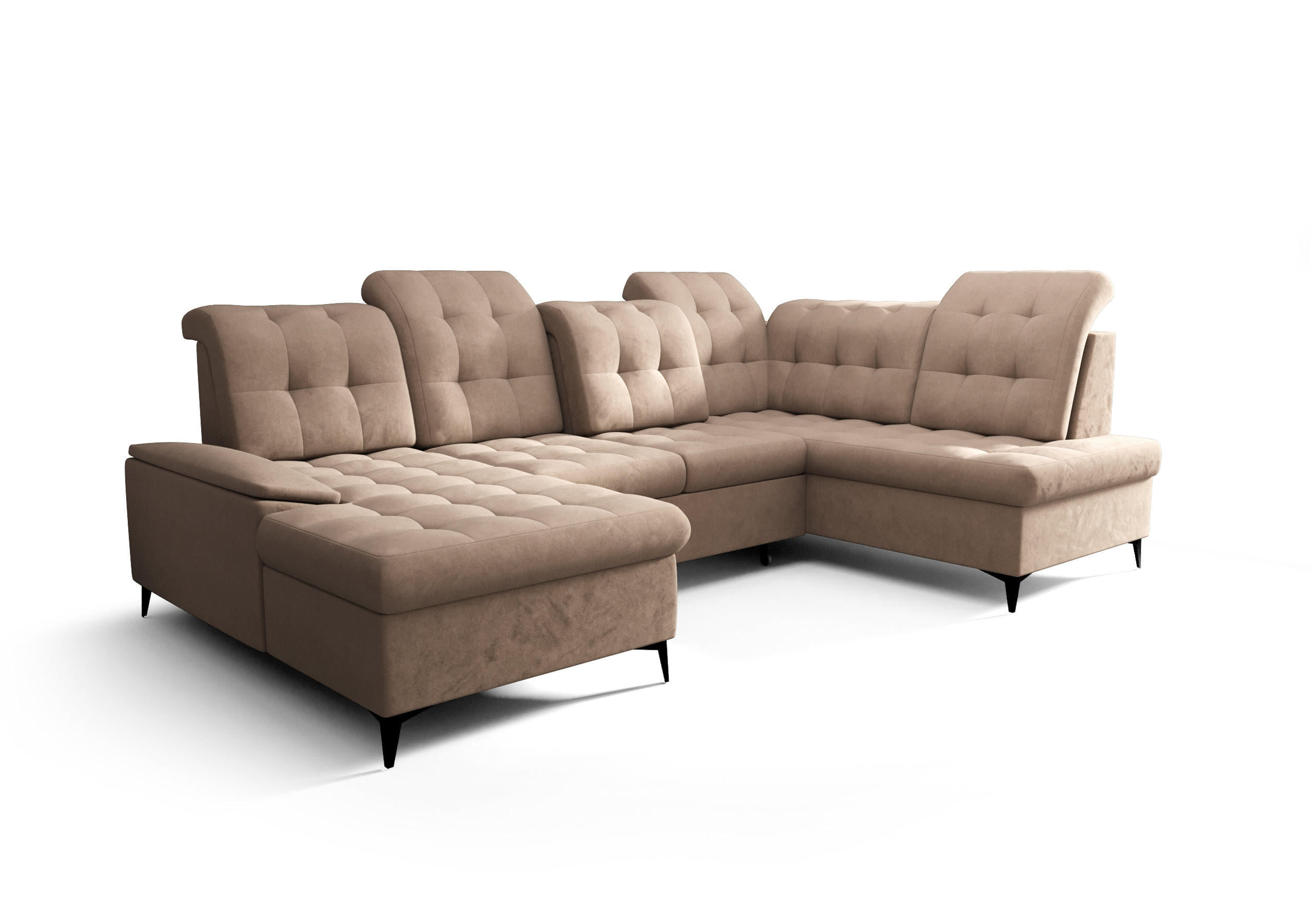 WOHNLANDSCHAFT KONGO RBN17, Eckcouch in U-Form mit Schlaffunktion, Farbe: Beige, Velourstoff, Ottomane Links - Beige, Textil (343/107/210cm) - O-Sofa