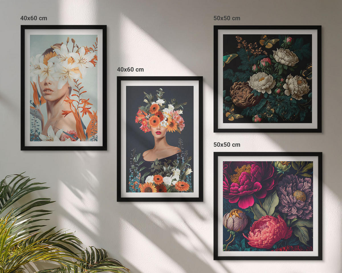 WANDBILDER 4er-Set - 50x50 cm & 40x60 cm Schwarzer Rahmen - Blumenporträts, Sträuße, Blätter - Schwarz, Kunststoff (50/50cm) - ArtPrintCave