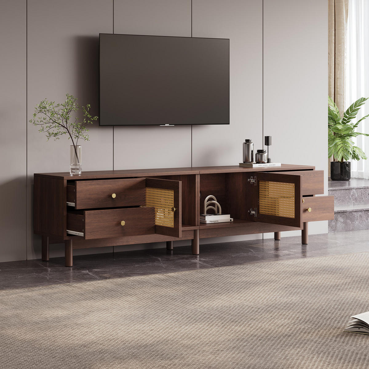 TV-SCHRANK 180cm dunkle Holzoptik Rattantüren 4 Schubladen bis 80 Zoll - Braun, Holz (44.45/15.24/104.14cm) - FLIEKS