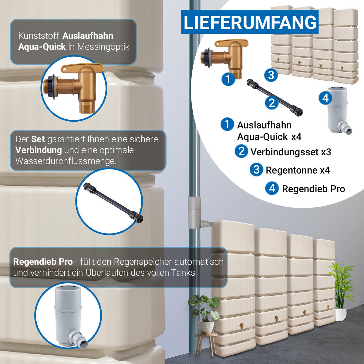 WANDTANK Komplett-Set 1400 L sandbeige 4 x 350 L inkl. Verbindungsset, Kunststoff-Auslaufhahn und Fallrohranschluss - Sandfarben, Kunststoff (270/184/39cm) - 4rain