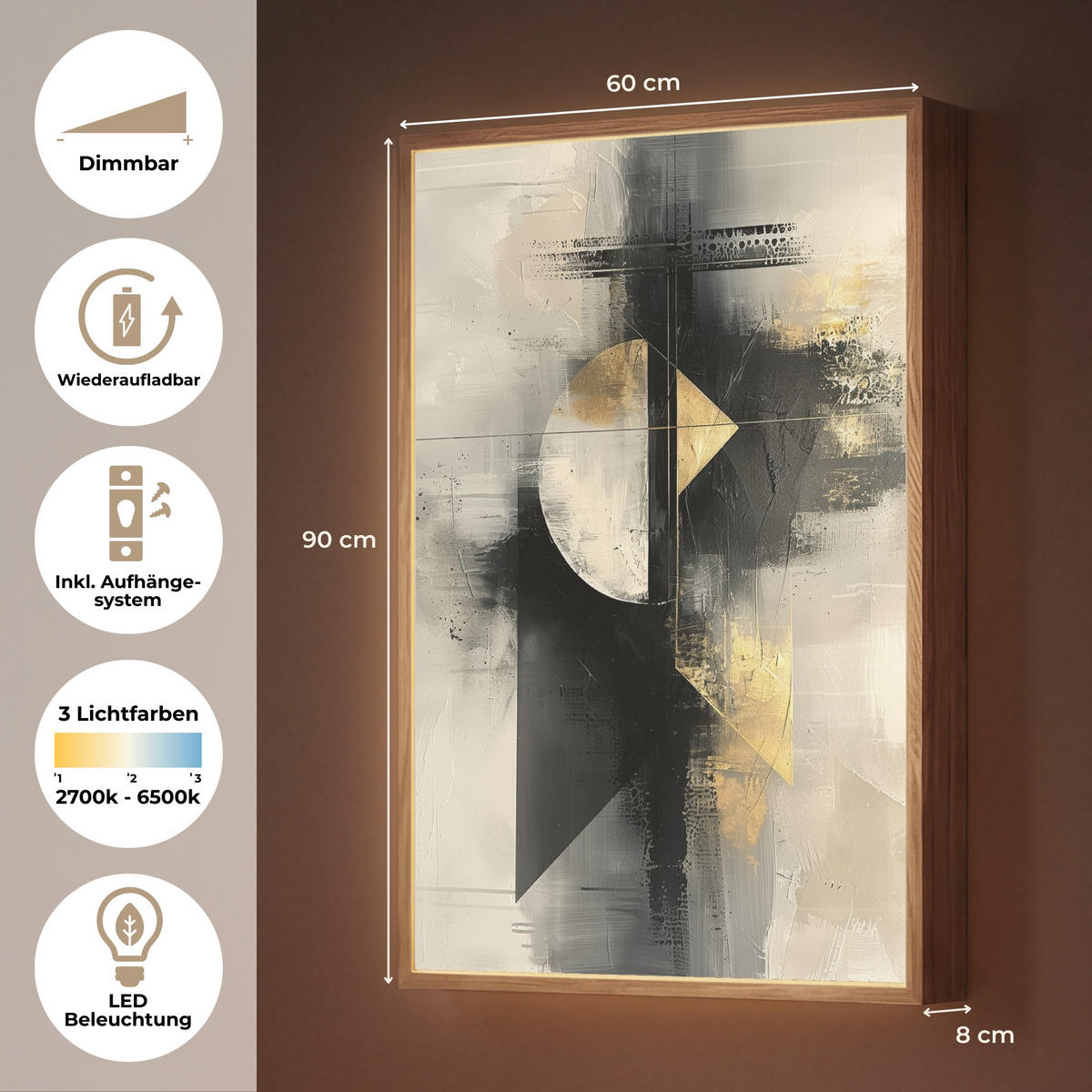 WANDLEUCHTE MIT AKKU Abstrakt - Schwarz - Farbe - Modern 60x90 cm - Grau, Holzwerkstoff (60/90/8cm) - OnlyWow