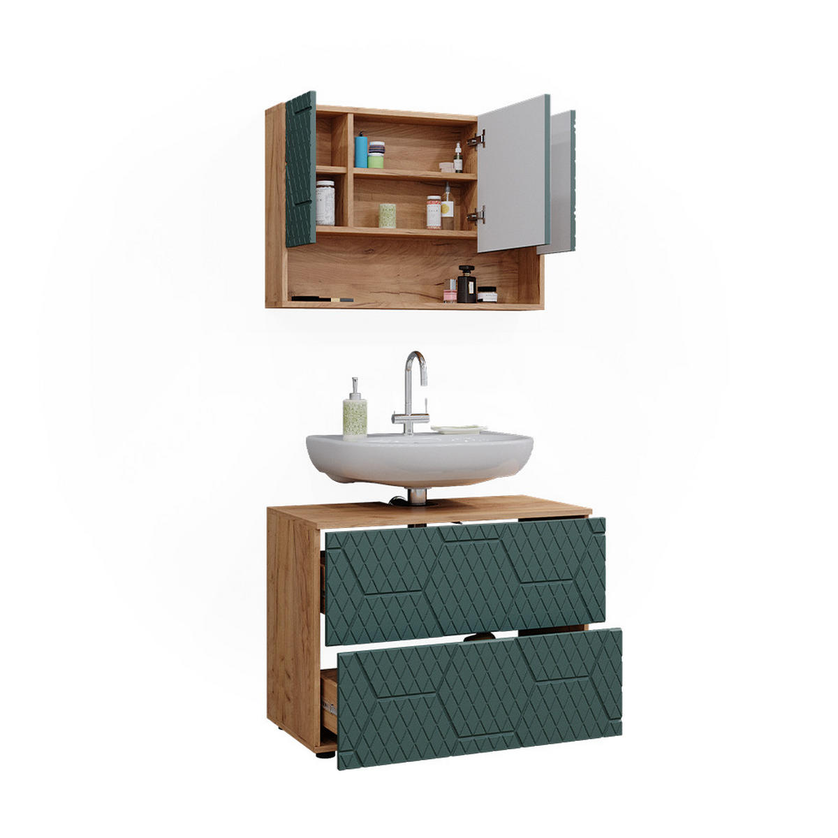 BADMÖBEL-SET Irma Grün 2 Teile, Unterschrank 80 cm - Eiche Wotan/Grün, Holzwerkstoff (80/58.6/41cm) - Vicco