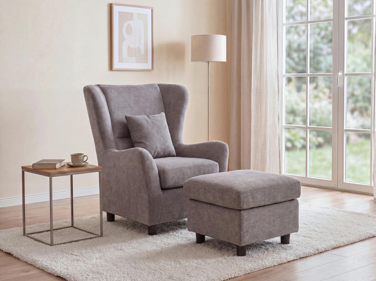 OHRENSESSEL mit HOCKER, hoher Sitzkomfort durch Taschenfederkern, Mikrofaser Hellgrau / 16146 - Hellgrau/Schwarz, Holz/Textil (89/95/79cm) - luma-home
