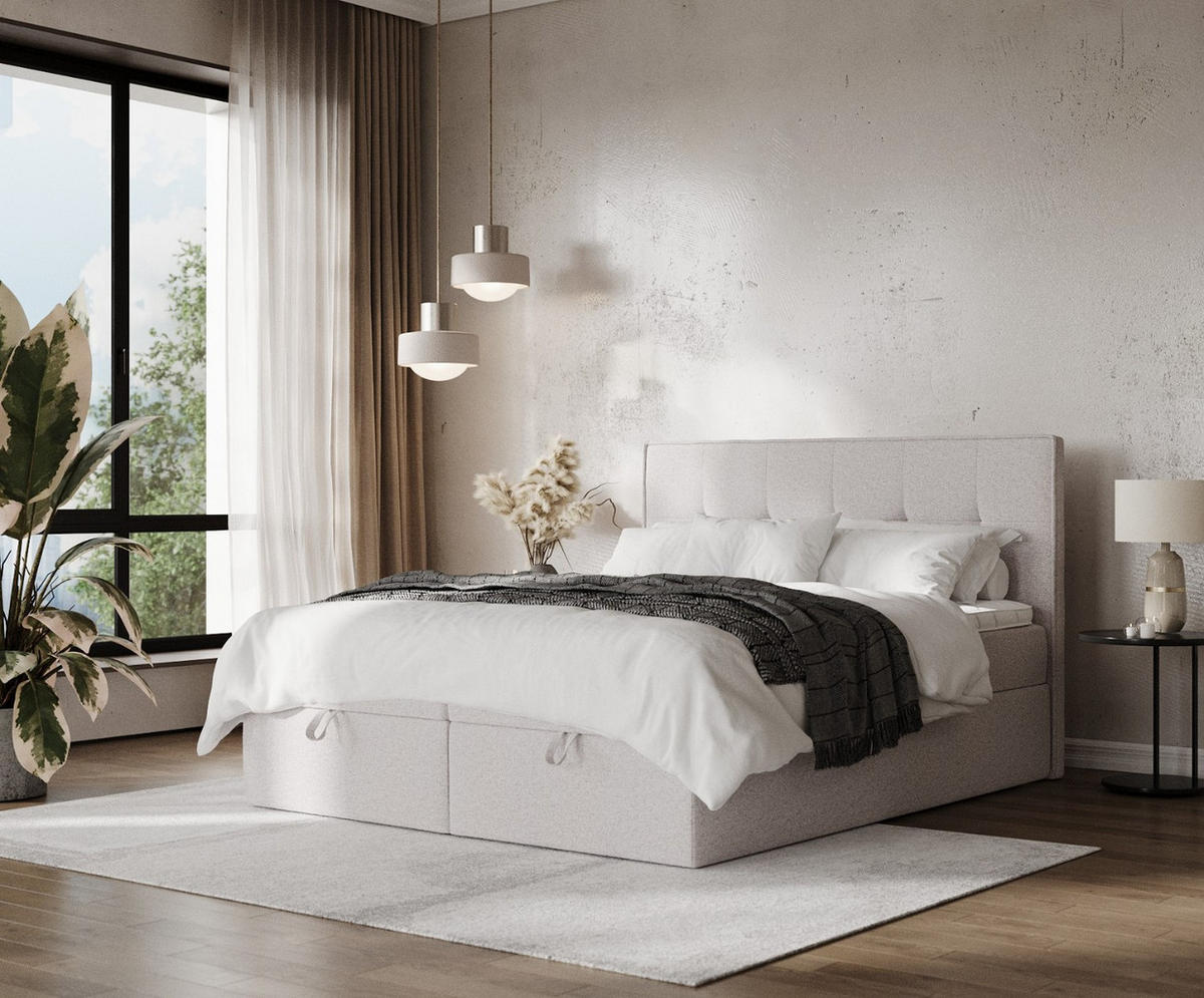 BOXBETT Tivra 180/200 cm Beige im Riva Stoff - Beige/Schwarz, Holz/Holzwerkstoff (180/200cm) - AltaBeds