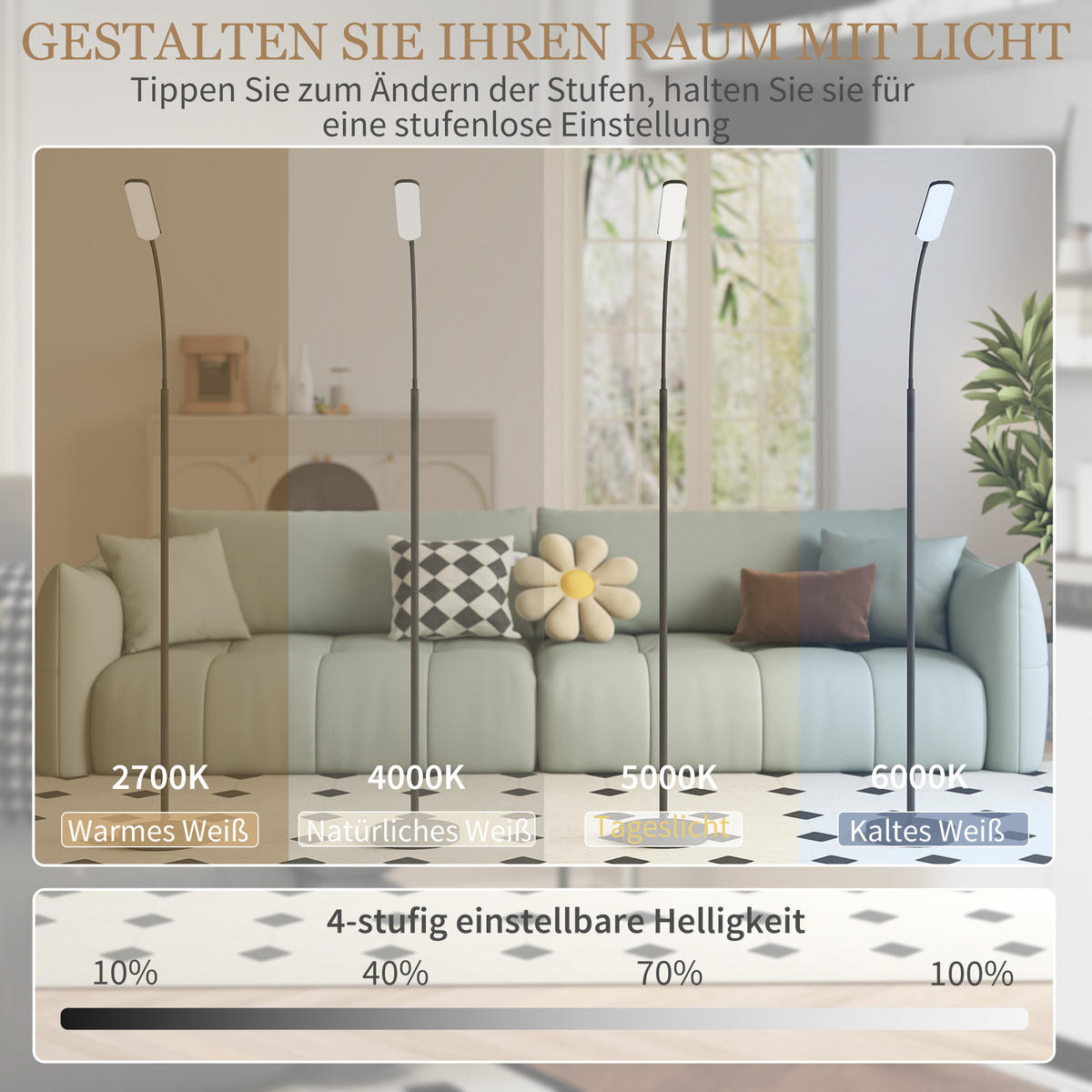 STEHLAMPE mit 360° verstellbarer Schwanenhals, Schwarz - Schwarz, Metall (22/22/175cm) - HOMCOM