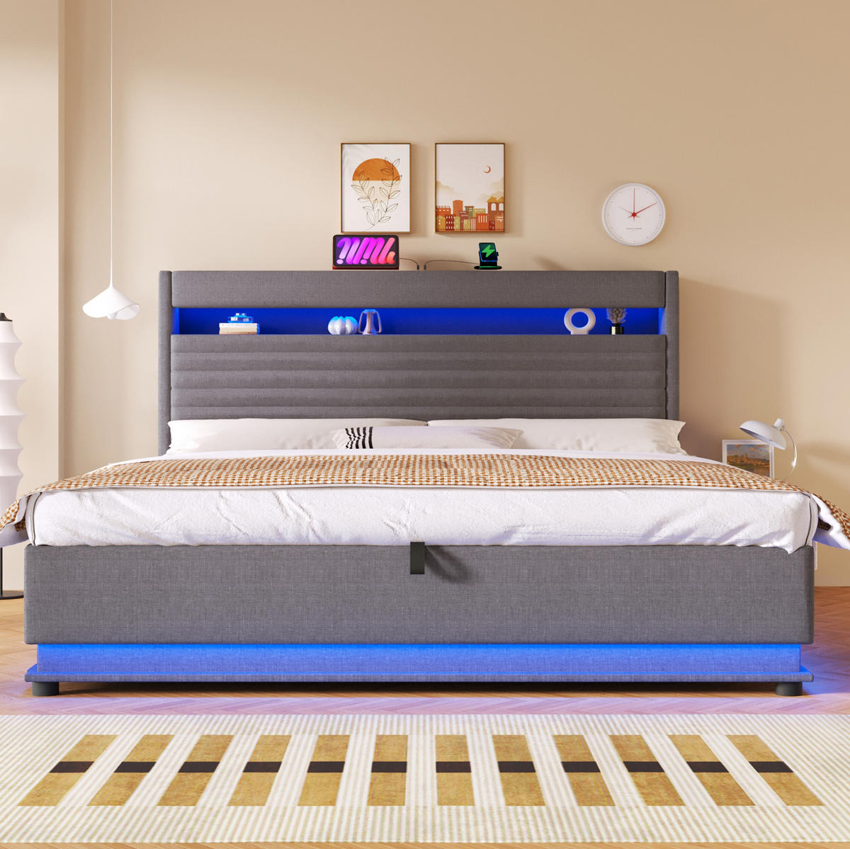 POLSTERBETT 180/200 cm Grau mit LED-Beleuchtung, USB- und Typ-C-Anschluss, hydraulischem Stauraum und Leinenbezug - Grau, Textil (180/200cm) - OKMYHOME