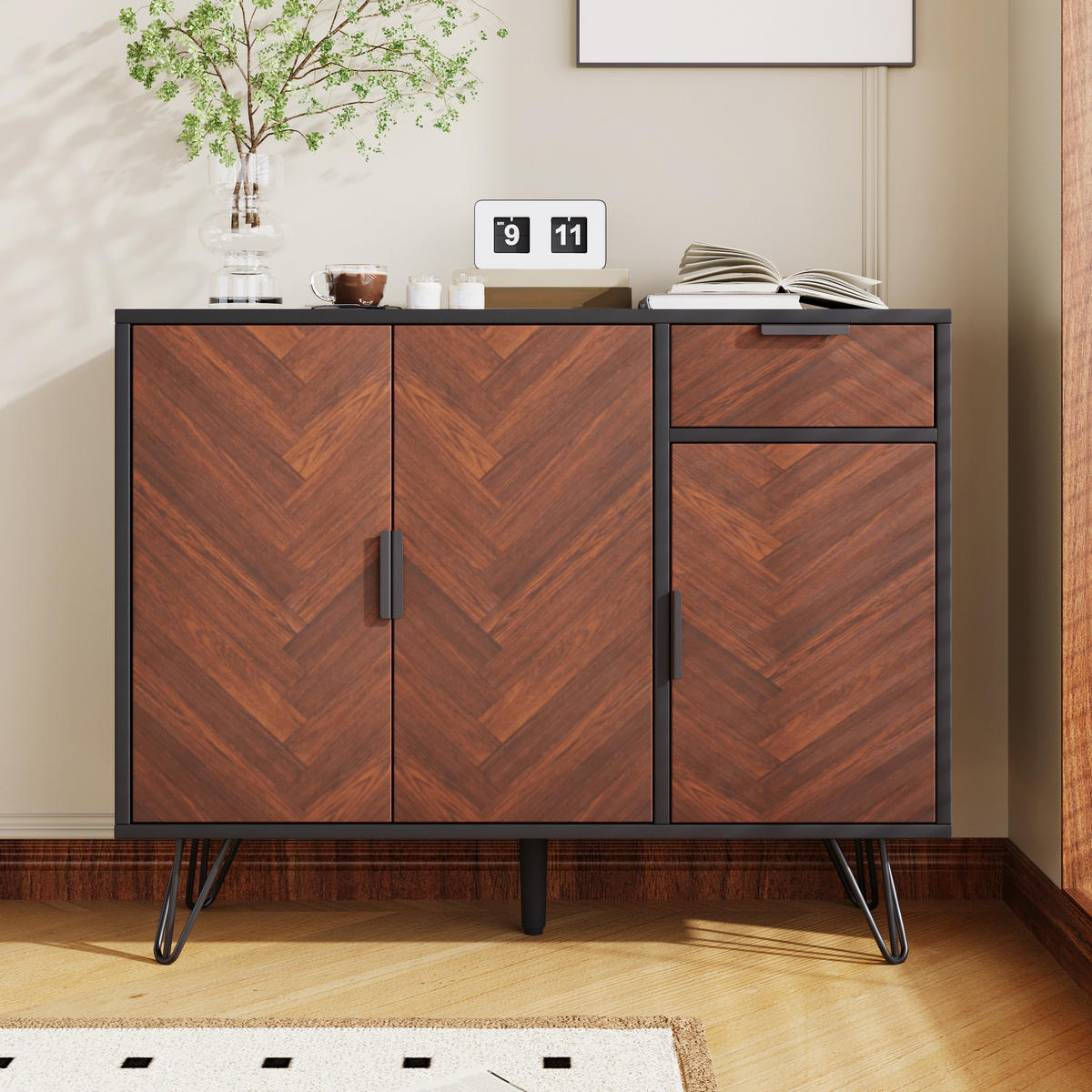 SIDEBOARD mit Schublade und höhenverstellbaren Einlegeböden, 90/30/71,5 cm, Schwarz und Holzoptik - Naturfarben, Holzwerkstoff (90/71.5/30cm) - Redom