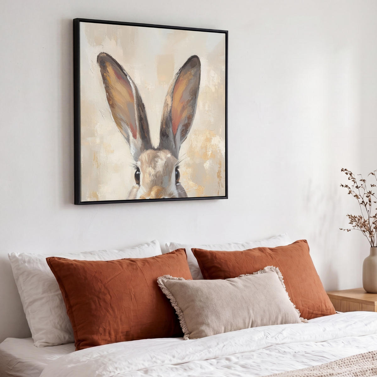 LEINWAND Bilder mit Rahmen - Hase - Ohren - Braun - 50x50 - Beige, Textil (50/50cm) - MuchoWow