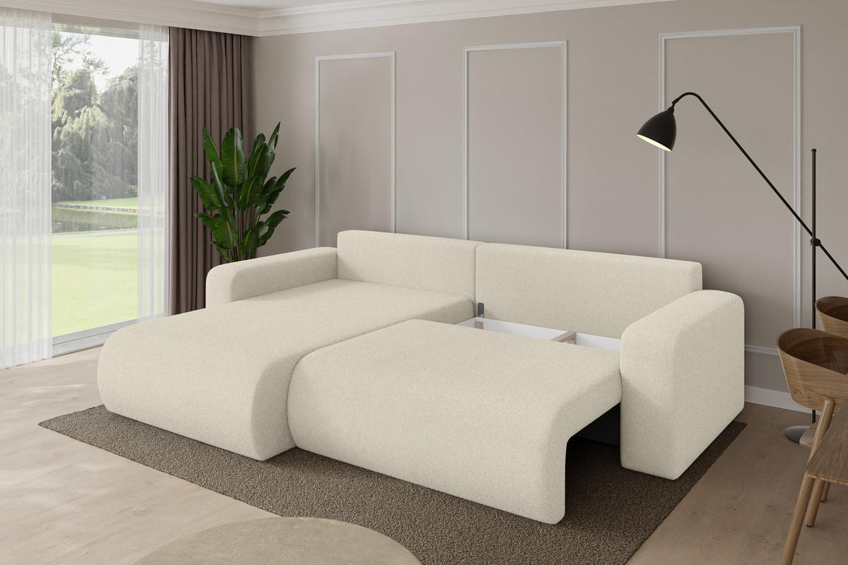 ROHOVÁ SEDAČKA s funkcí spaní, otoman vlevo BERY-L 276x193x88 béžová bouclé - černá/písková barva, kompozitní dřevo/textil (276/193cm) - ALTDECOR