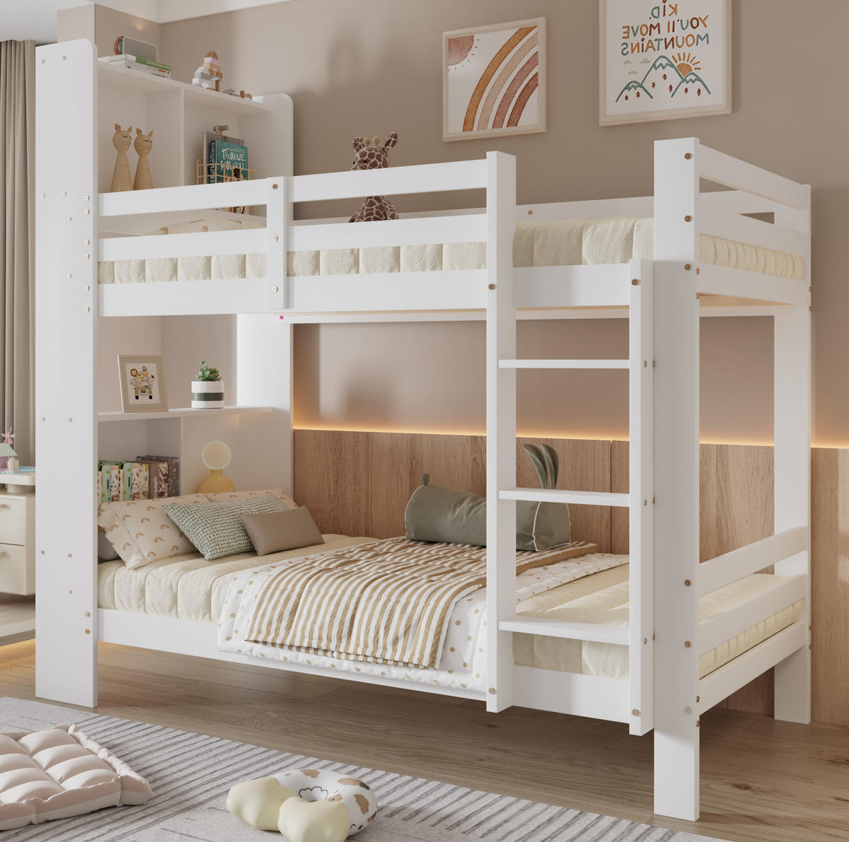 ETAGENBETT 90/200 cm mit Kopfregalen und rechtwinkliger Leiter und MDF, Weiß - Weiß, Holzwerkstoff (90/200cm) - Redom