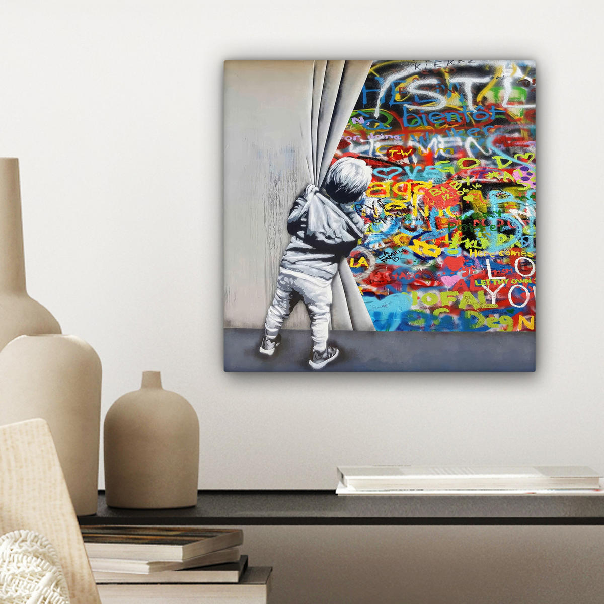 LEINWANDBILD Graffiti - Junge - Ilussie - Straßenkunst Deko Wohnzimmer 20x20 cm - Hellgrau, Textil (20/20cm) - MuchoWow