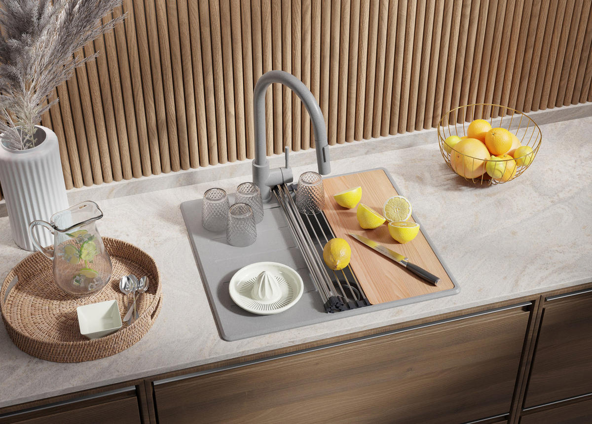 SPÜLBECKEN Kopenhagen, 2-er set Grau 55/50 cm 1 Becken + Ablauf-Set + Schneidebrett ab 40er Unterschrank - Chromfarben/Beige, Kunststoff (55/20/50cm) - Primagran