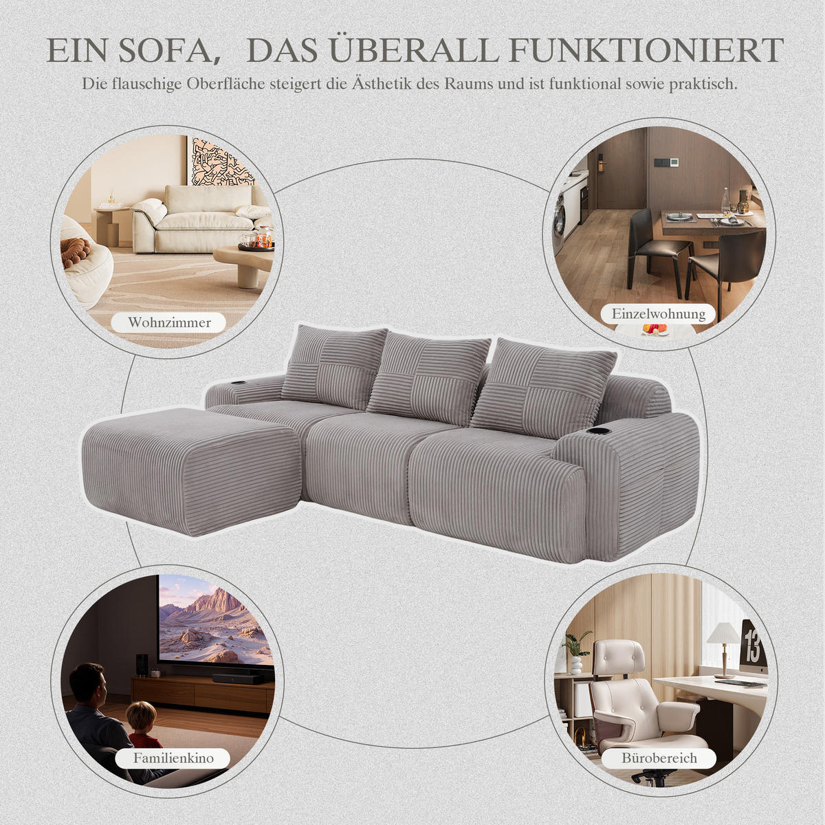 MODULARES 3-Sitzer Sofa Cordstoff mit Getränkehalter und Seitentasche 268/174/80 cm Hellgrau - Hellgrau, Textil (174/268cm) - Redom