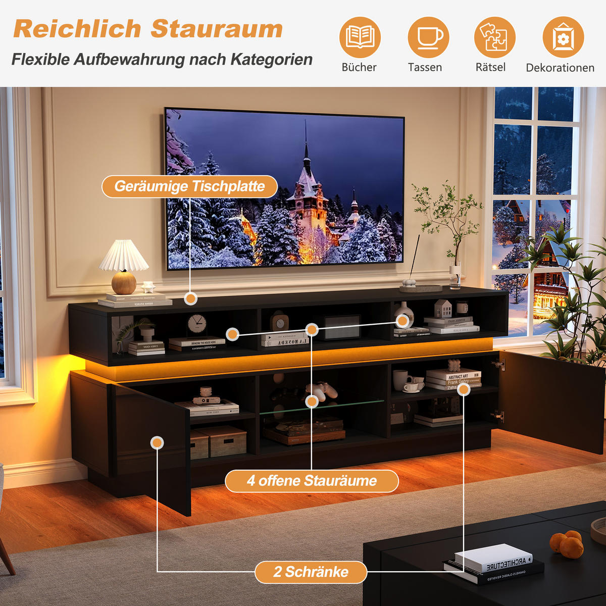 TV-LOWBOARD 160x35x60 cm Schwarz Hochglanz LED MDF 60" TV - Schwarz, Holzwerkstoff (35/60/160cm) - FLIEKS