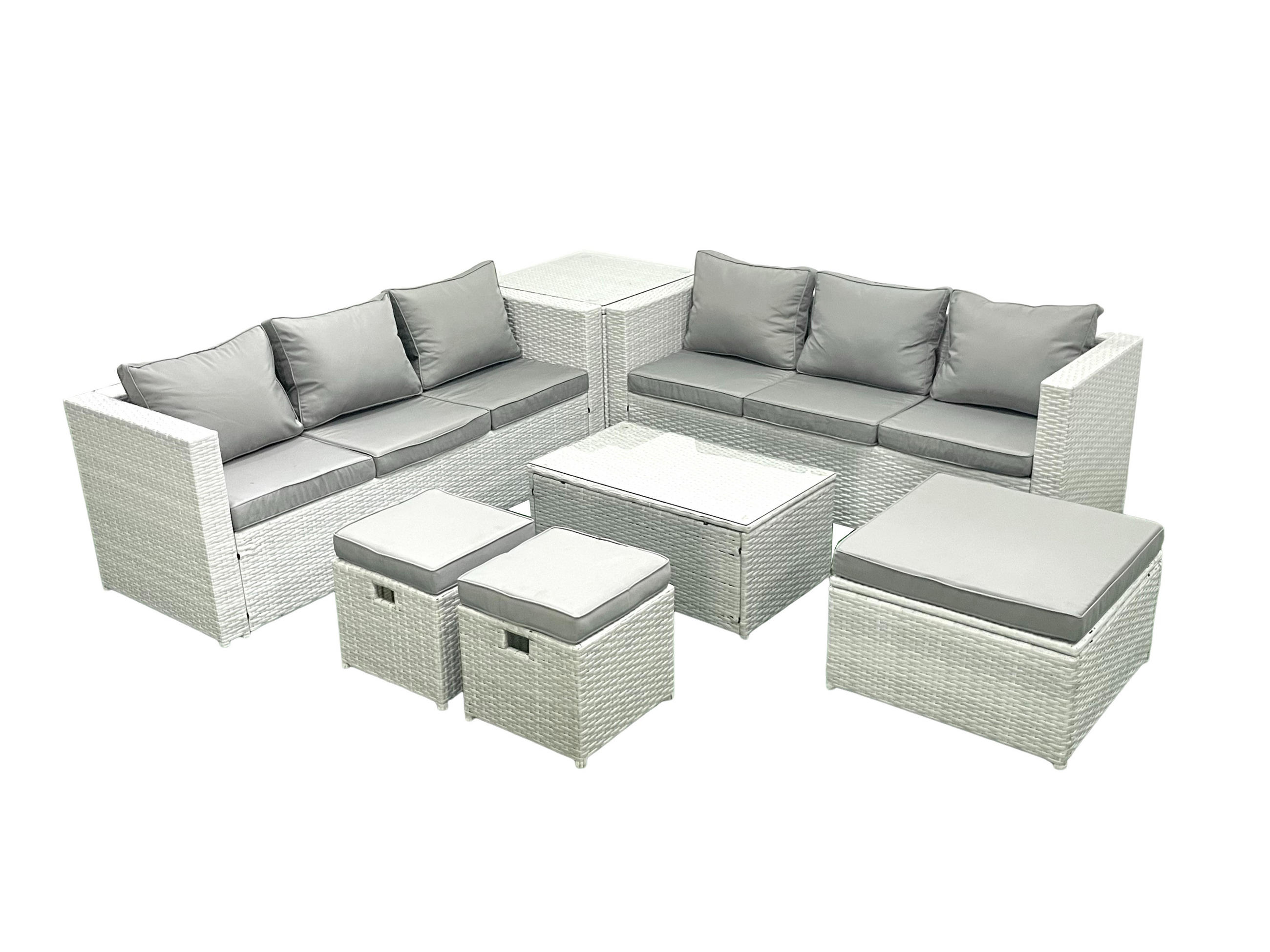GARTENGARNITUR mit 3-SITZER SOFA,COUCHTISCH Polyrattan Hellgrau-Mix 9-Sitzer - Hellgrau/Grau, Glas/Kunststoff - Fimous