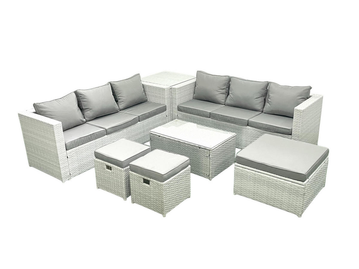 GARTENGARNITUR mit 3-SITZER SOFA,COUCHTISCH Polyrattan Hellgrau-Mix 9-Sitzer - Hellgrau/Grau, Glas/Kunststoff - Fimous