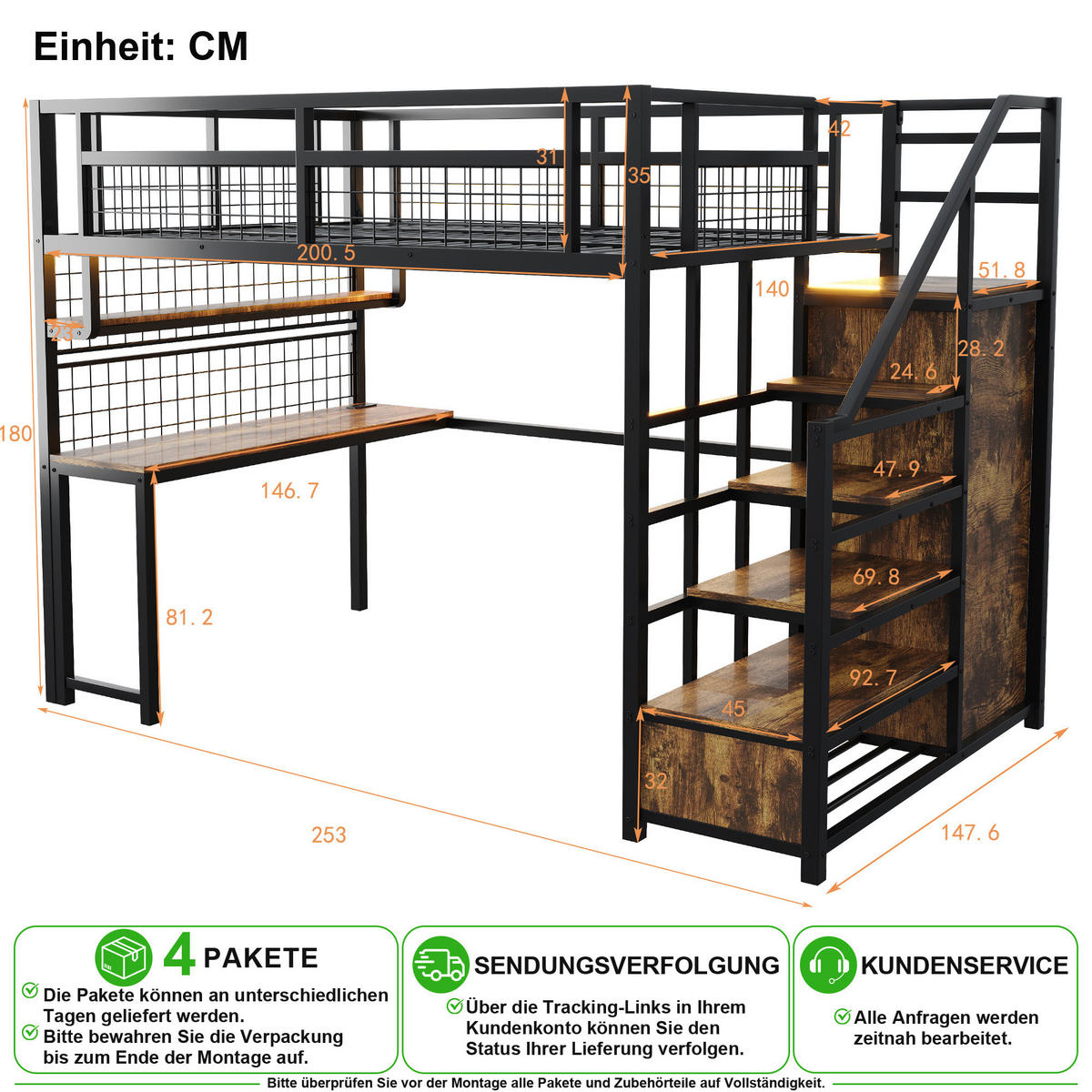 HOCHBETT 140/200 cm in Schwarz mit Stauraumtreppe, Tisch, Regal, LED und Steckdose - Schwarz, Holzwerkstoff/Metall (140/200cm) - CHICFURN