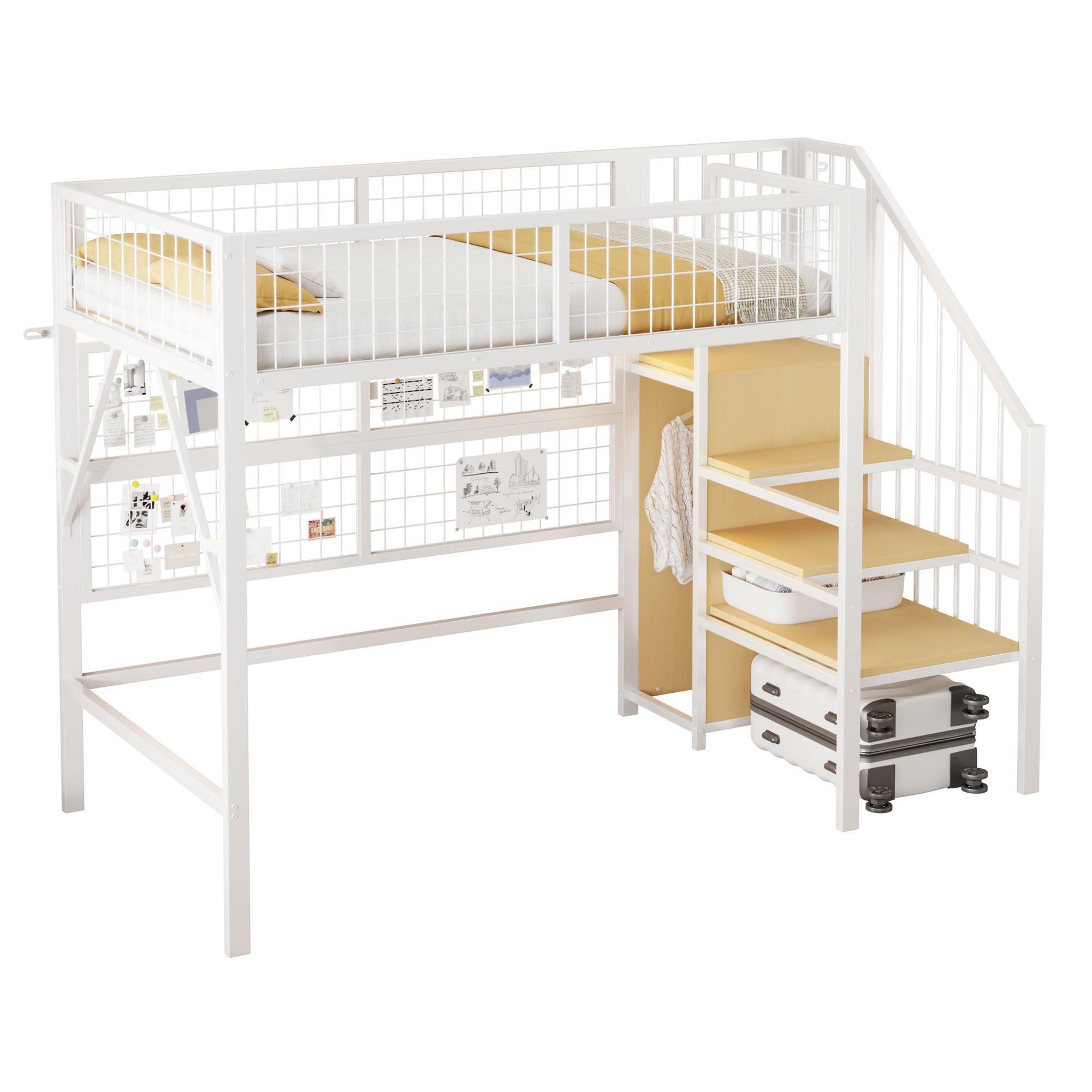 HOCHBETT 90/200 cm Weiß aus Metall mit Stauraumtreppe und LED-Beleuchtung - Weiß, Metall (90/200cm) - OKWISH