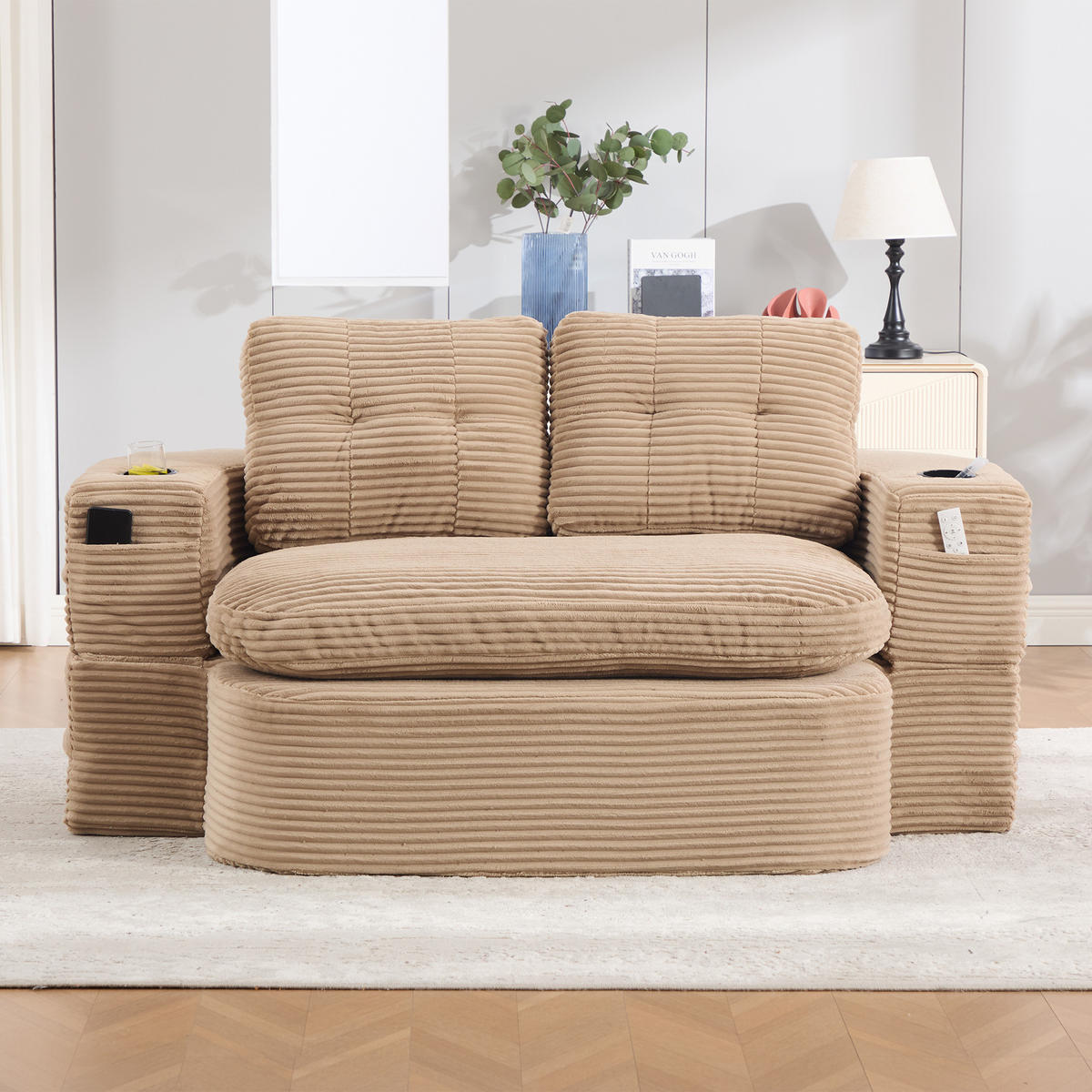 SOFA mit Liegefunktion, Getränkehaltern und verstellbaren Armlehnen in Khaki - Taupe, Textil (165/61/97cm) - EVRYAE