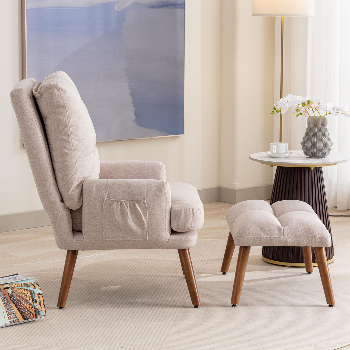 LOUNGSESSEL Verstellbar 5-stufig Neigbar Fußstütze Ablage - Beige, Holz (115.5/31/66.5cm) - FLIEKS