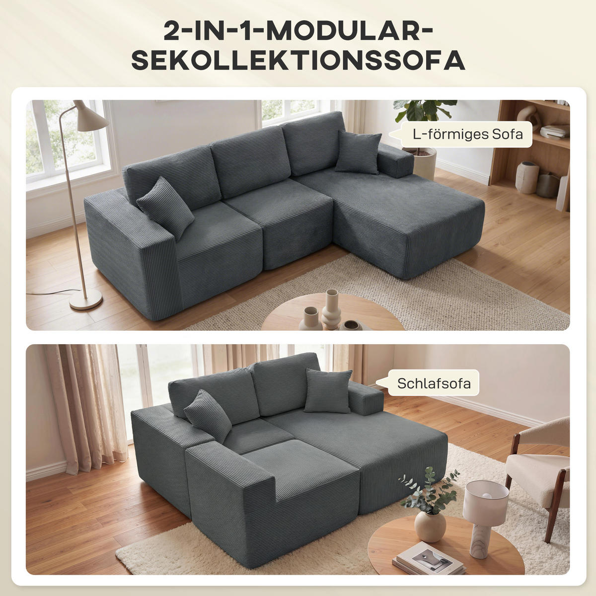 MODULARES ECKSOFA DE-06601 L-förmiges Sofa-Bett, tiefer Sitz, breite Armlehnen Dunkelgrau - Dunkelgrau, Holz/Textil (168/267cm) - ComfortXL