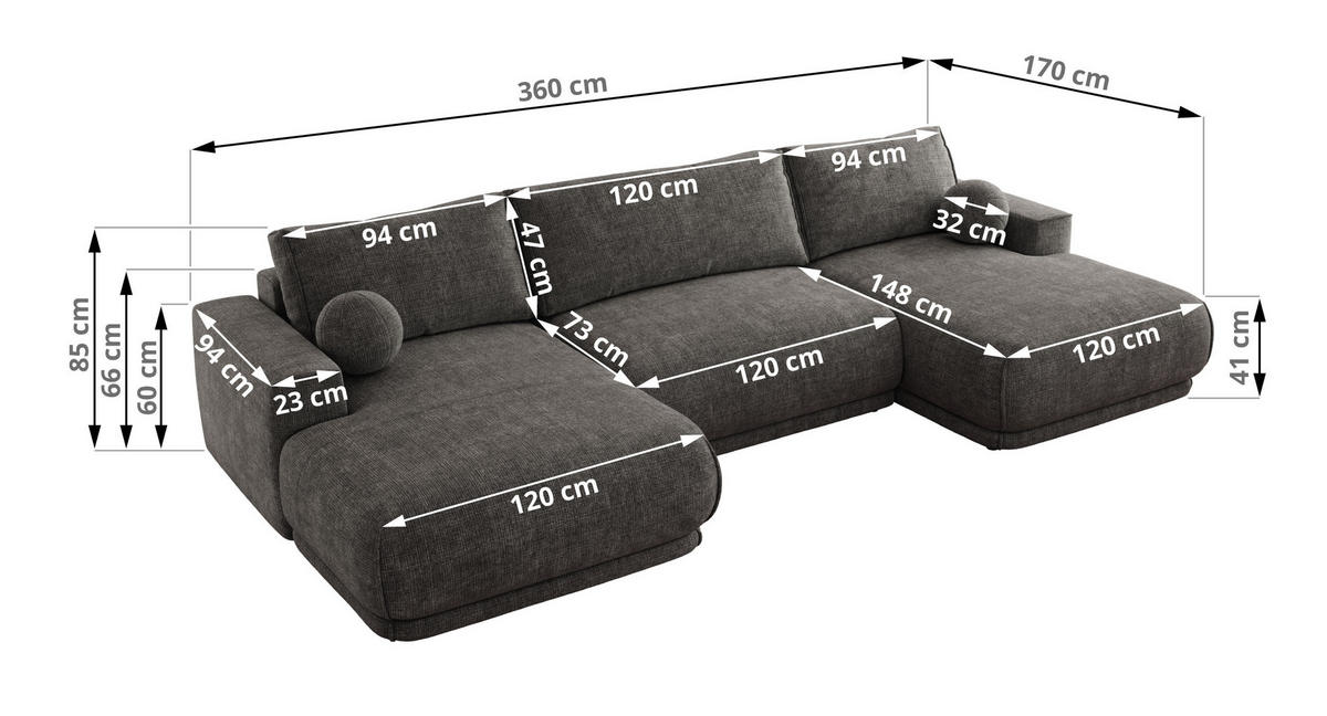 SEDACIA SÚPRAVA RINA U Sivá Hrubo tkaná ženilka - čierna/sivá, textil/plast (360/85/170cm) - MKS