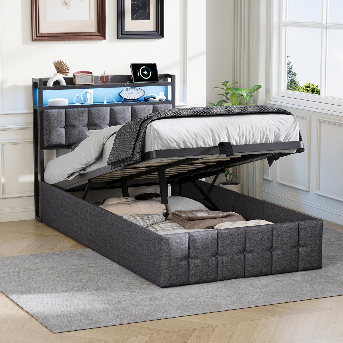 BETT mit Bettkasten 90x200 cm mit LED und USB, Polsterbett 90x200, Einzelbett 90x200 mit Stauraum, Lattenrost, Kopfteil, Grau Leinenstoff - Grau, Textil/Metall (90/200cm) - GENKI LIVING
