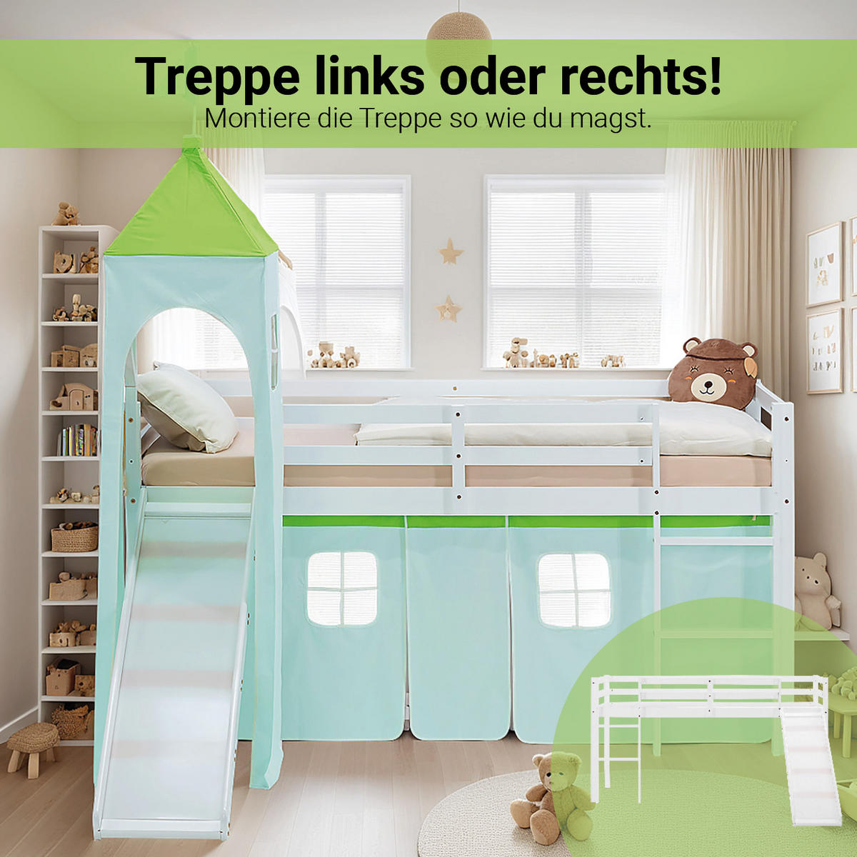 HOCHBETT 90/200 cm in weiß Rutsche Turm Bettvorhang Grün Lattenrost - Weiß/Grün, Holz/Textil (90/200cm) - Homestyle4u