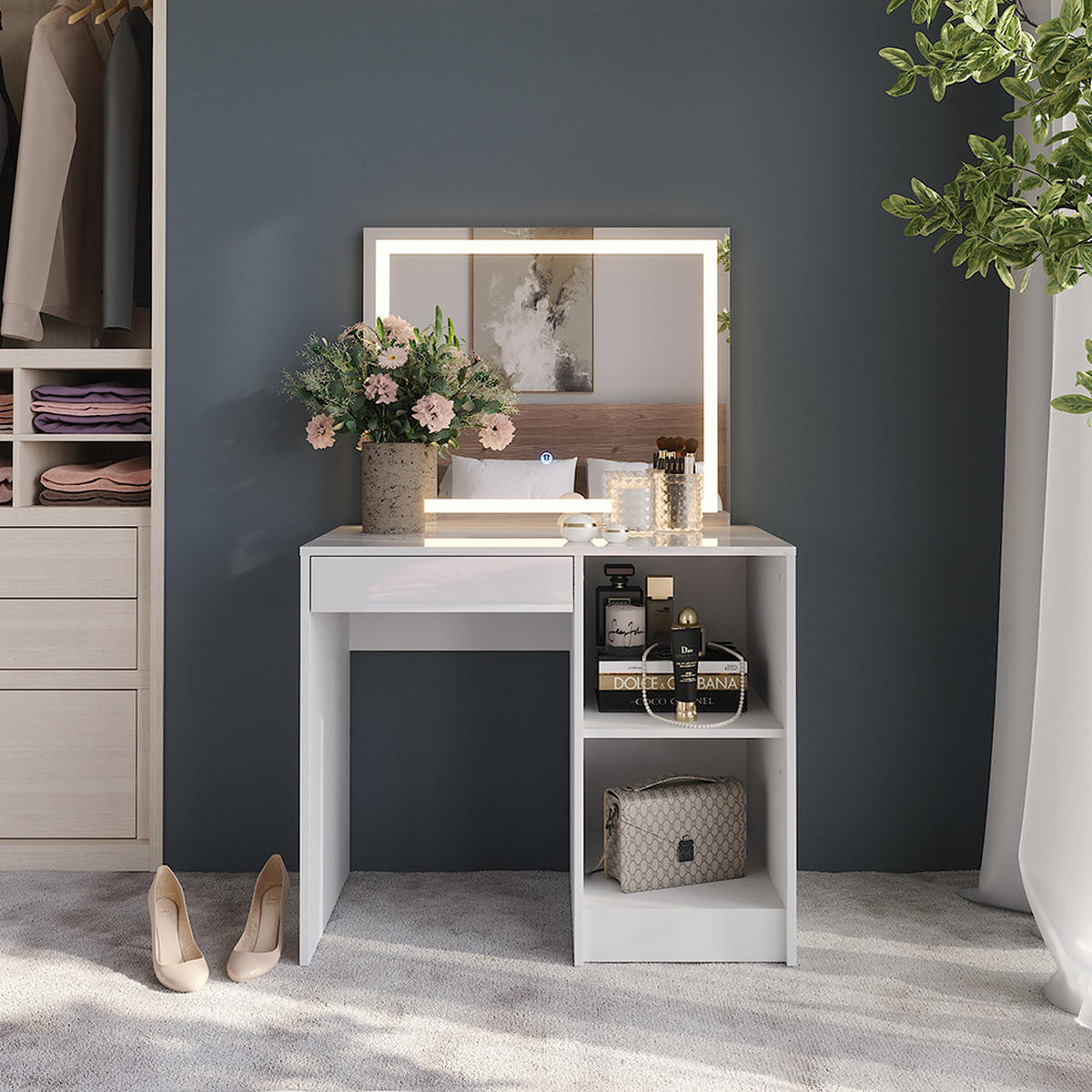 SCHMINKTISCH Sherry Weiß/Weiß Hochglanz 89.8 cm mit LED-Spiegel - Weiß Hochglanz, Holzwerkstoff (89.8/76/50.1cm) - Vicco
