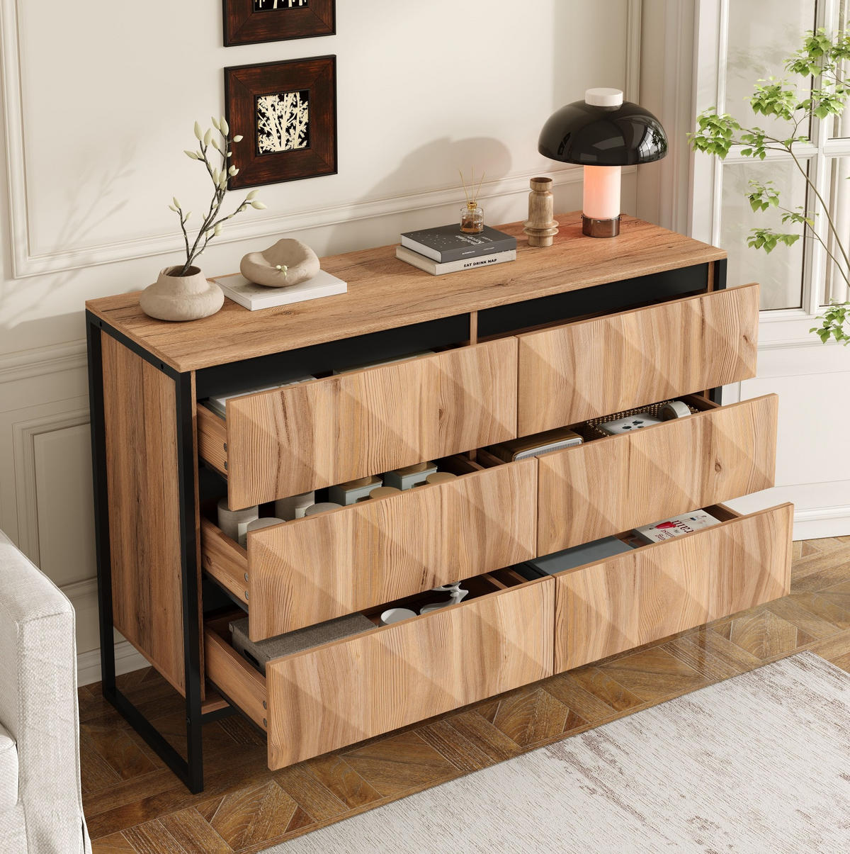 SIDEBOARD 120/40/80 cm mit 6 Schubladen in Schwarz & Natur im industriellen Look - Naturfarben, Holzwerkstoff (120/80/40cm) - BEAOK