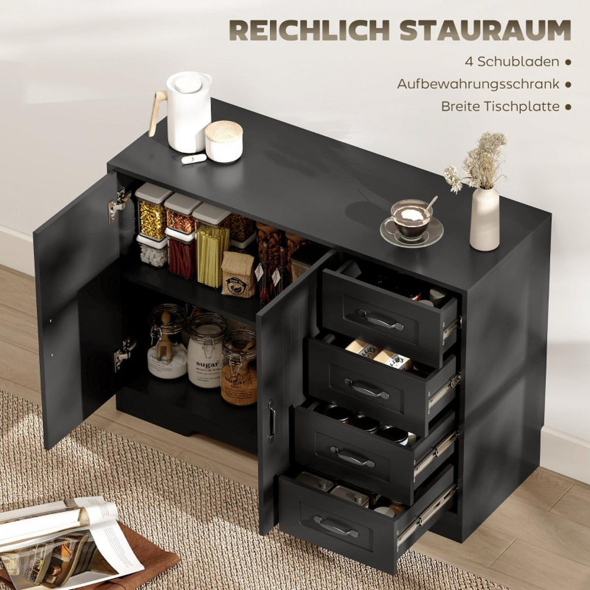 SIDEBOARD DE-38775 105/40/76 cm 4 Schubladen Schwarz - Schwarz, Holzwerkstoff (105/76/40cm) - ComfortXL