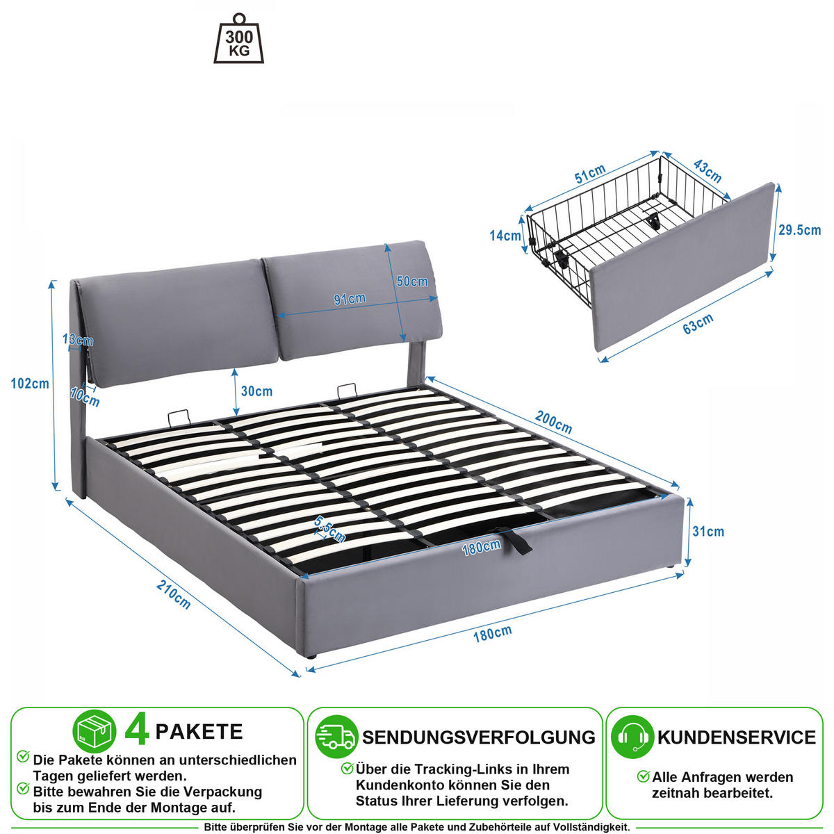 POLSTERBETT 180/200 cm in Grau Samt mit Bettkasten, 3 Schubladen und Verstellbarem Kopfteil - Grau, Holzwerkstoff/Textil (180/200cm) - CHICFURN